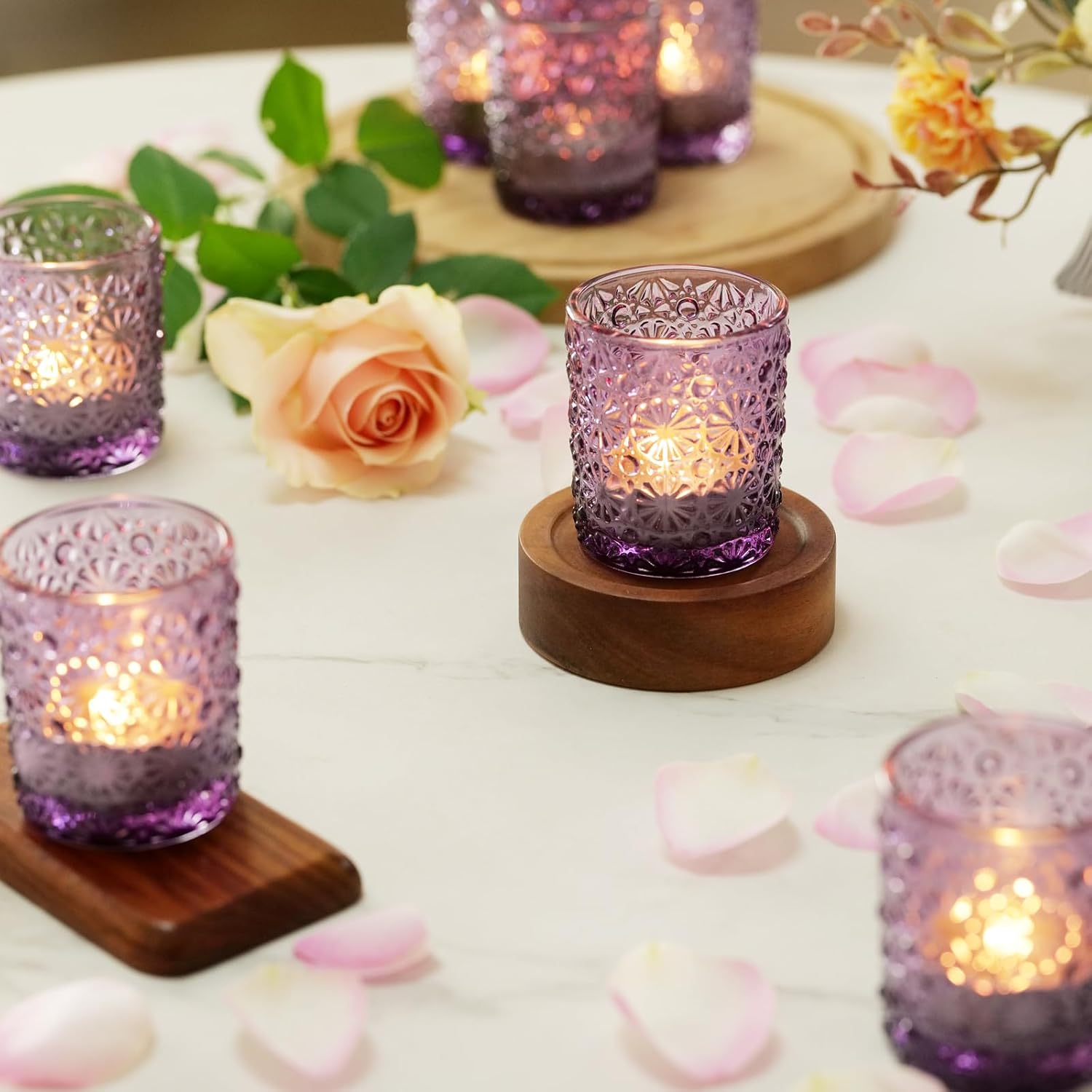 Kinoue 12 Pcs Purple Votive Candle Holders,Vintage Flower Glass Candle Holder Bulk, Tealight Candle Holders for Wedding Table Decor, Christmas, Party, Holiday