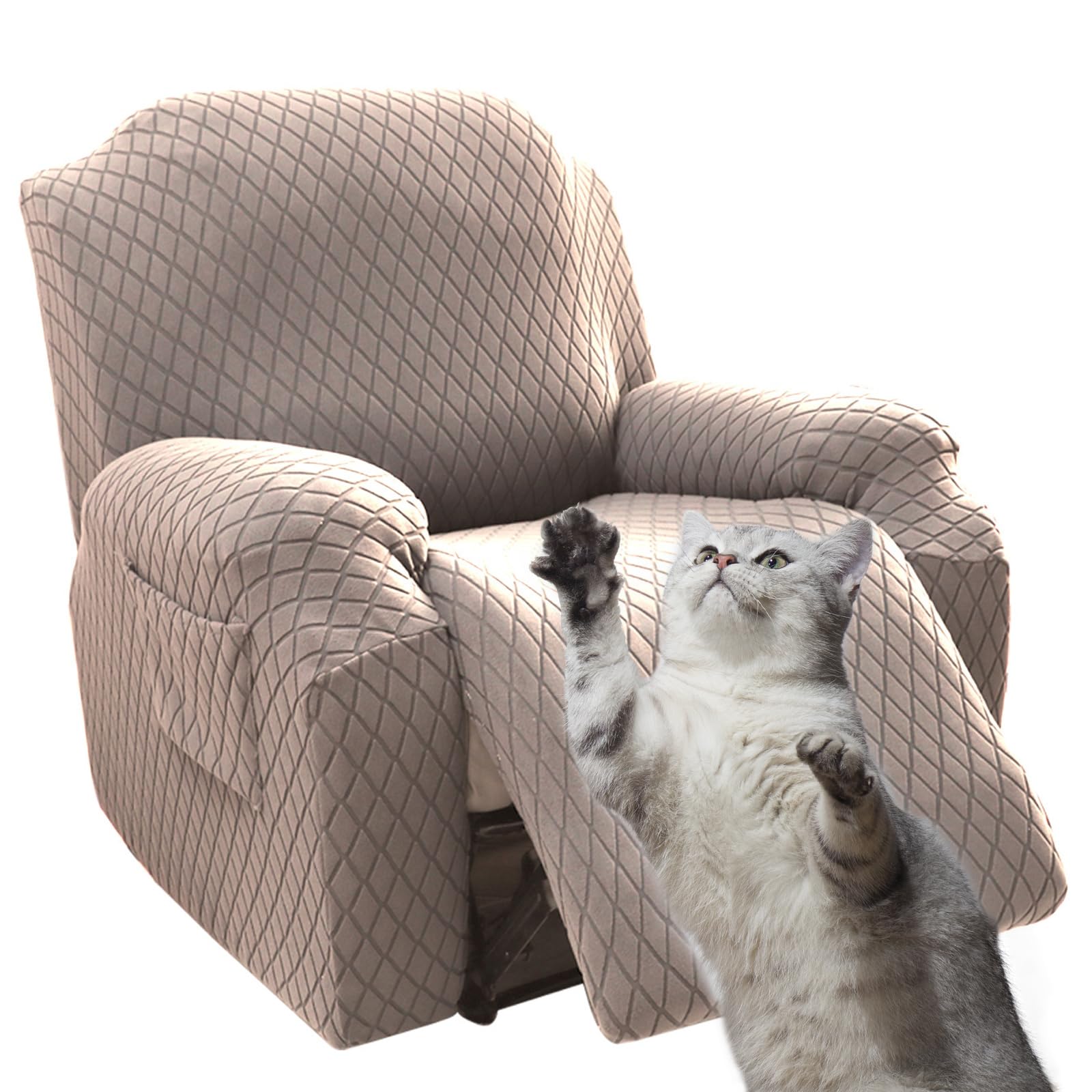 1/2/3 Seater Recliner Chair Covers for Electric Chair, Stretch Non-slip Reclining Sofa Covers Protector for Home Living Room,Polyester Armchair Covers Protector with Pockets (Size:4 Pieces for 1 sea