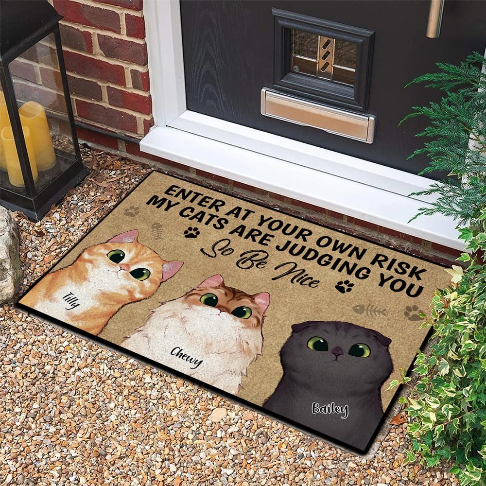 Personalized Cat Doormat, Gift for Cat Lover, My Cats are Judging You, Indoor Outdoor Entrance Doormat, Custom Name and Breed Mat, Front Door Mat for Entry