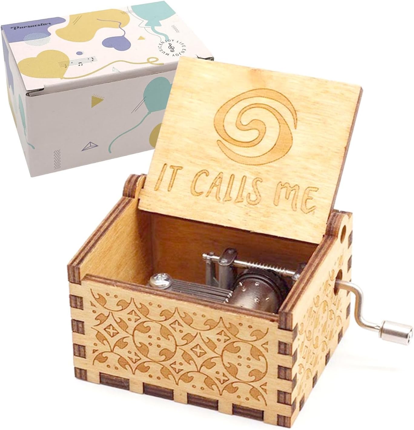 Pursuestar Wood Music Box, Hand Crank Engraved Vintage Wooden Musical Box Gift for Birthday Valentine Wedding Christmas New Year