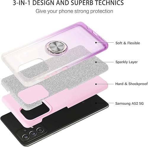 Miniatura 6 de TJS Funda compatible con Samsung Galaxy A53 5G, con protector de pantalla de vidrio templado, anillo de metal, soporte magnético, tono brillante,