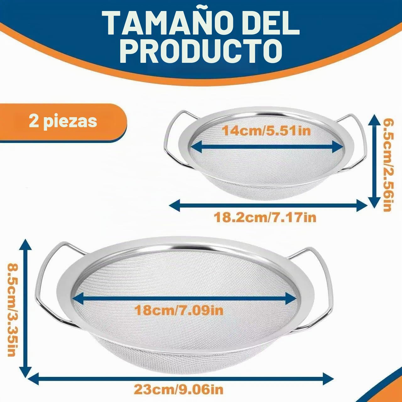 Juego de 2 coladores de cocina perforados de acero inoxidable, Ø 20 cm y 16 con 2 Asas, colador microperforado, para pasta, verduras, frutas, arroz, fácil de limpiar lavavajillas