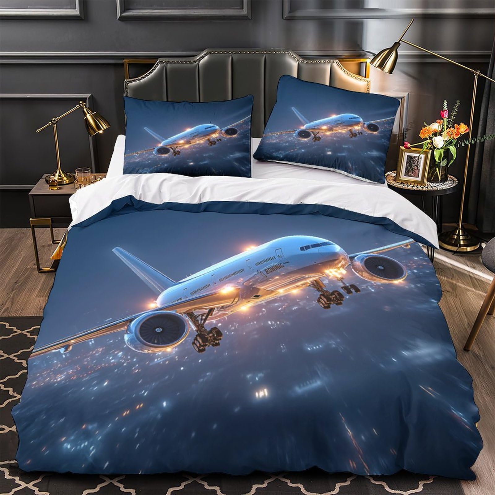 HQZNKXJPRL Airplane Flight Night Quilt Cover 3D Print Anti-allergic 3 Pieces Bed Set Hidden Zipper Duvet Cover Ultra Soft Washable for Adults Kids Teens Women Youth Teenagers Single（140x200cm）
