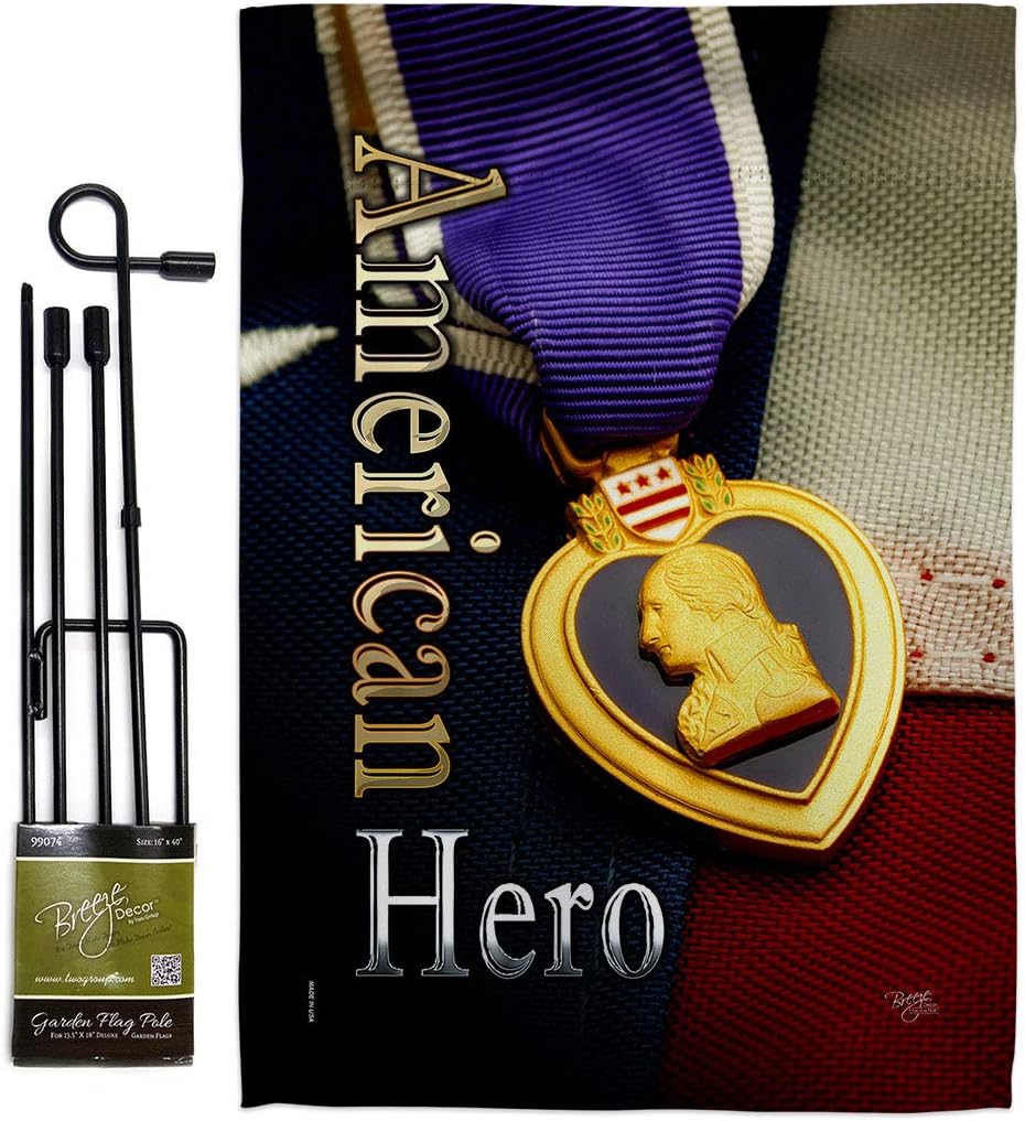 Purple Heart Hero Garden Flag Set Wall Holder Armed Forces Military Service All Branches Support Honor United State American Veteran Official Small Gift Yard House Banner Double-Sided 13 X 18.5