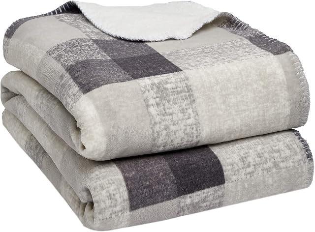 Dreamscene Check Sherpa Fleece Blanket Soft Thermal Warm Cosy Thick Fluffy Throw Over for Sofa Bed, Charcoal Grey, 150 x 180 cm