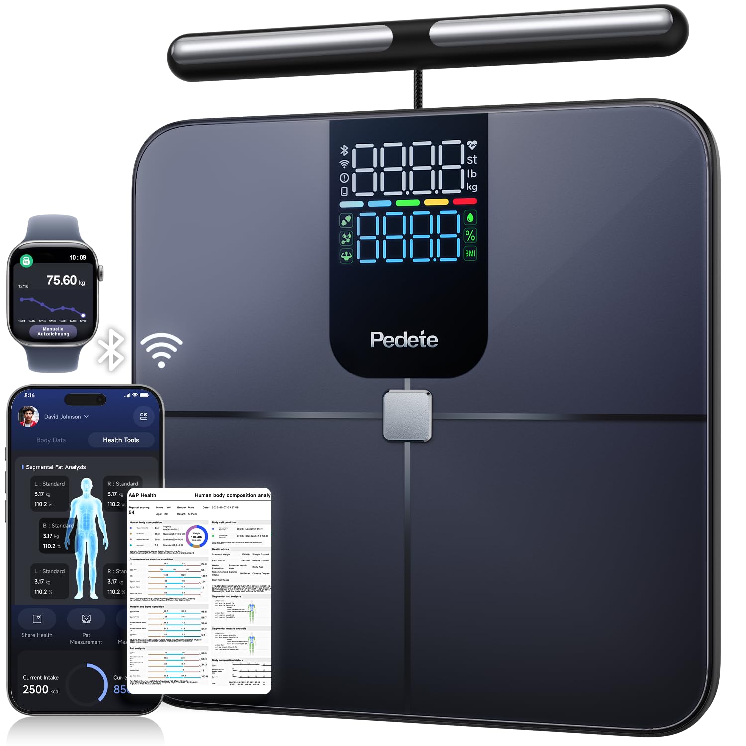 Scales for Body Weight and Fat,8-Electrode Smart Bathroom Scale,Rechargeable Wi-Fi 2.4GHz，Heart Rate & 50+ Body Composition,LED Display 180kg/400lb Capacity-image-5