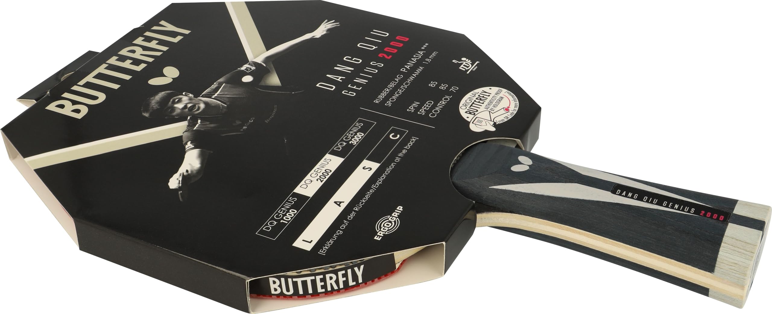 Butterfly® DANG QIU Genius 2000 Tischtennisschläger | Tischtennis Racket Bat | ITTF zugelassen | Ergo Grip | 1,8 mm Pan Asia Belag | perfekte Balance Spin, Speed & Kontrolle | konkave Griffform | für