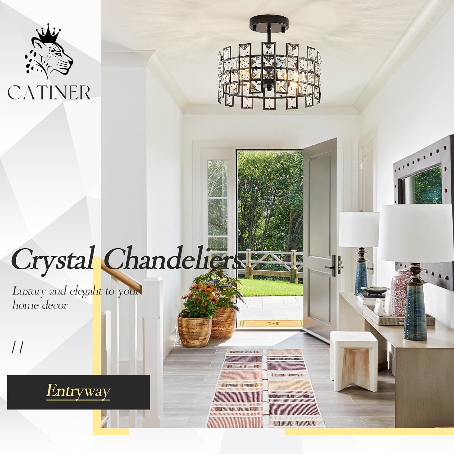 CATINER Black Crystal Pendant Light, 12'' Round 4-Light Modern Chandelier, Semi Flush Mount Ceiling Light for Kitchen Island, Dining Room, Bedroom, Entryway, Hallway, Foyer