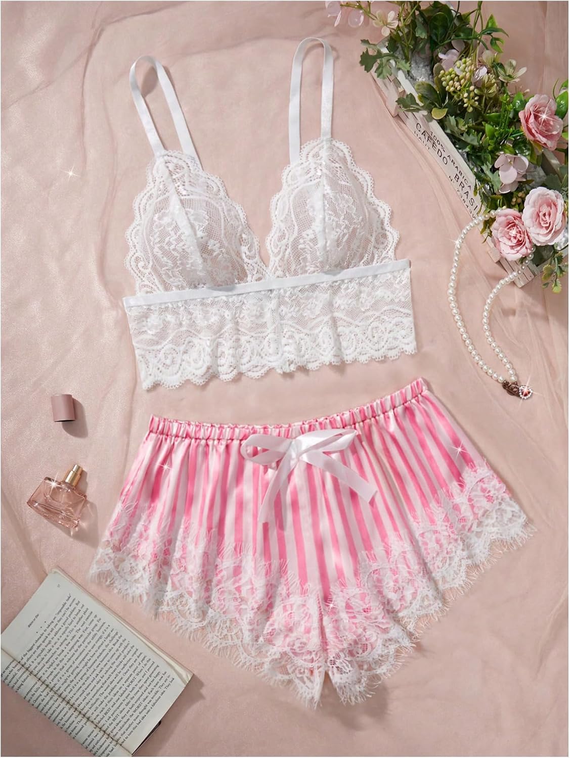 WDIRARA Women's 2 Piece Lingerie Pajama Sets Lace Bralette Striped Satin Shorts Pjs Nightwear - Image 5