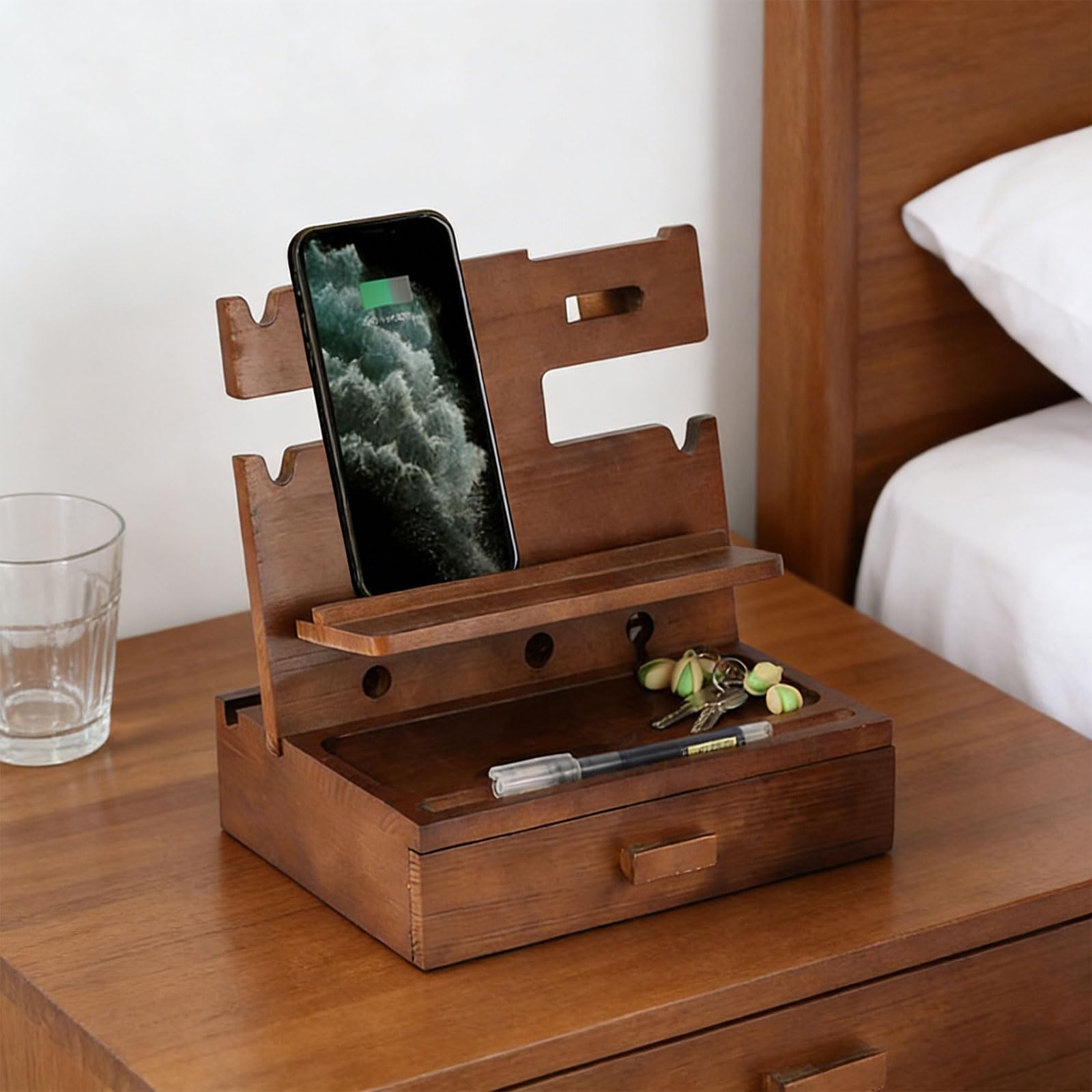 Supporto per telefono e scrivania in legno per diversi dispositivi, adatto per la maggior parte delle dimensioni dello schermo, in legno naturale
