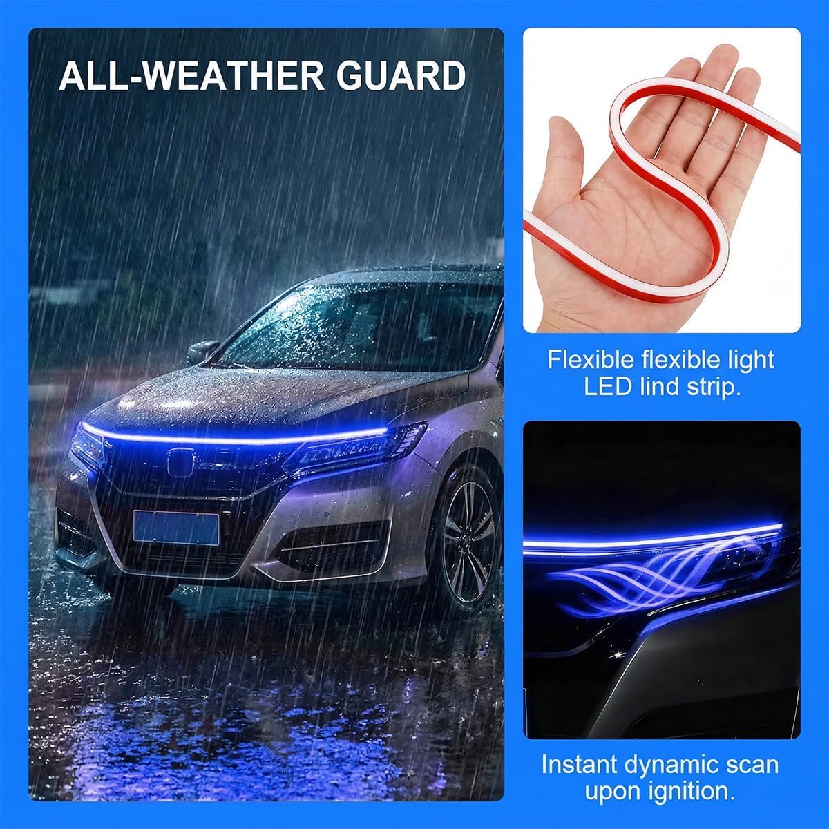 Car Hood Light Strip, 47 Inch 12V Flexible LED Vehicle Daytime Running Lamp with Dynamic Scan Startup Effect, Auto Engine Cover DRL Decoration Light, Universal for SUV Van Sedan (Blue) image 4
