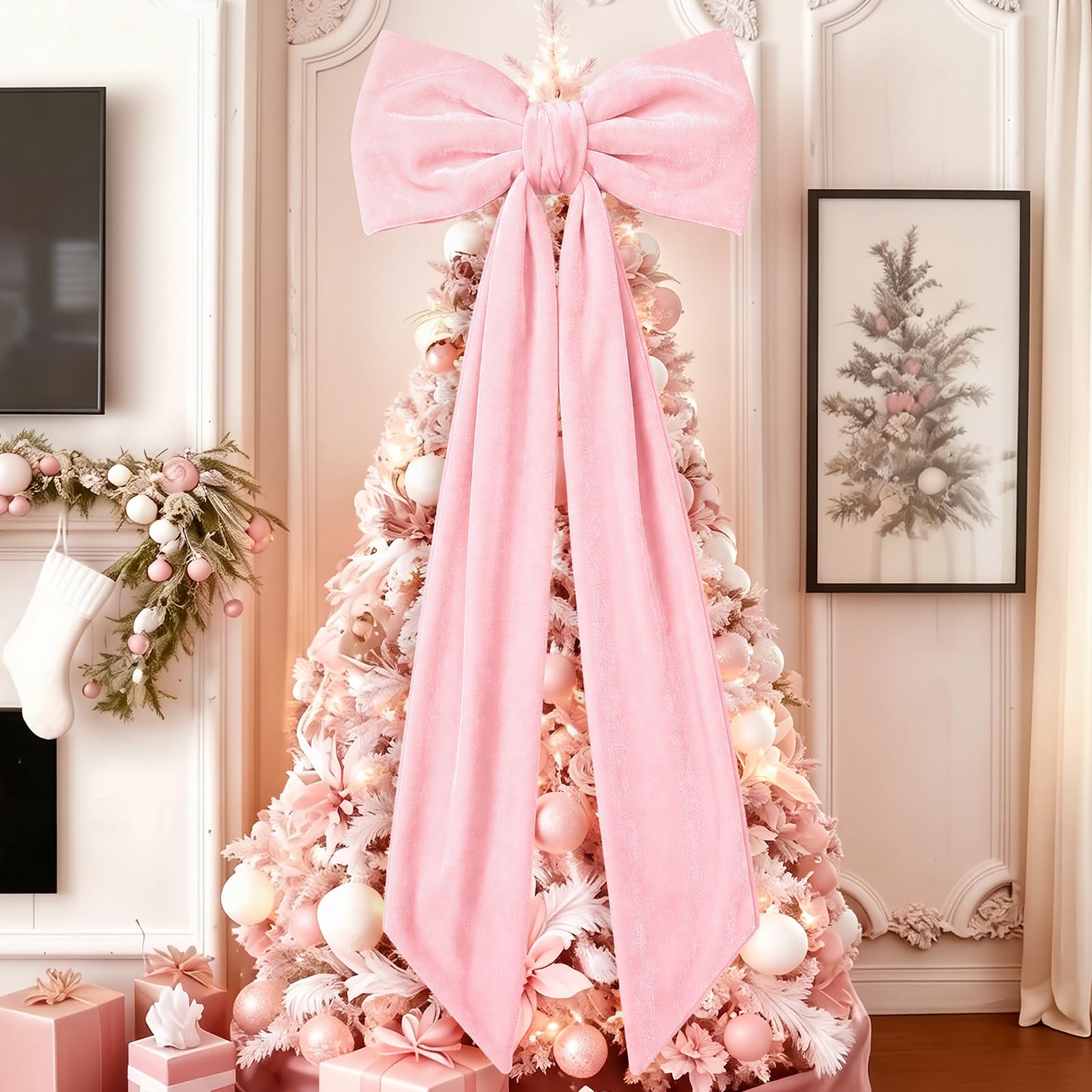 Gejoy Nœuds géants en velours rose extra larges pour cime de sapin de Noël – Décorations géantes pour maison, couronne, mur, toile de fond, mariage, vacances, décoration de fête – 119,4 x 40,6 cm