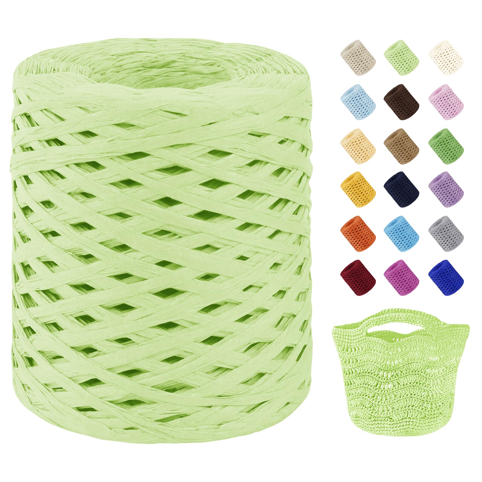 Uiopa Raffia Ribbon for Crochet, 3mm x 200m Raffia Paper Ribbon Straw Crochet Yarn for Crocheting Beach Bags, Sun Hats, Home Decor, DIY Crafts (Fruit Green)