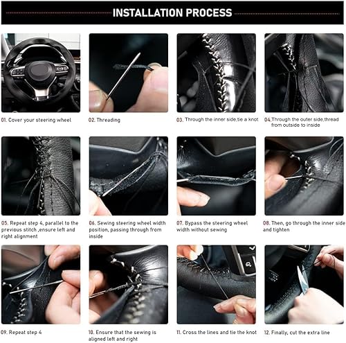 Miniatura 8 de AUTOXBERT Funda de volante de 38cm15 pulgadas de piel auténtica para coser a mano, estilo DIY, con hilo y agujas, se ajusta para VW Ford Nissan Kia