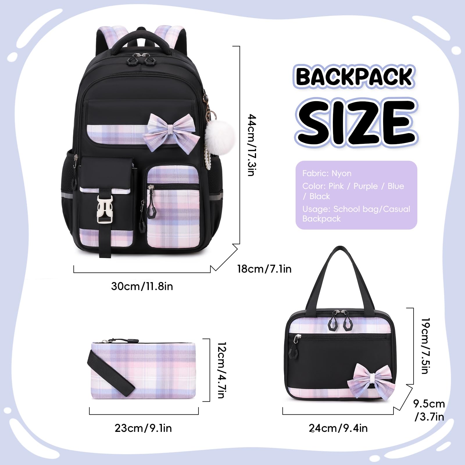 Amythe Schultasche Mädchen Set 3-teilig Schulrucksack mit Lunchtasche Federmappe Schwarz