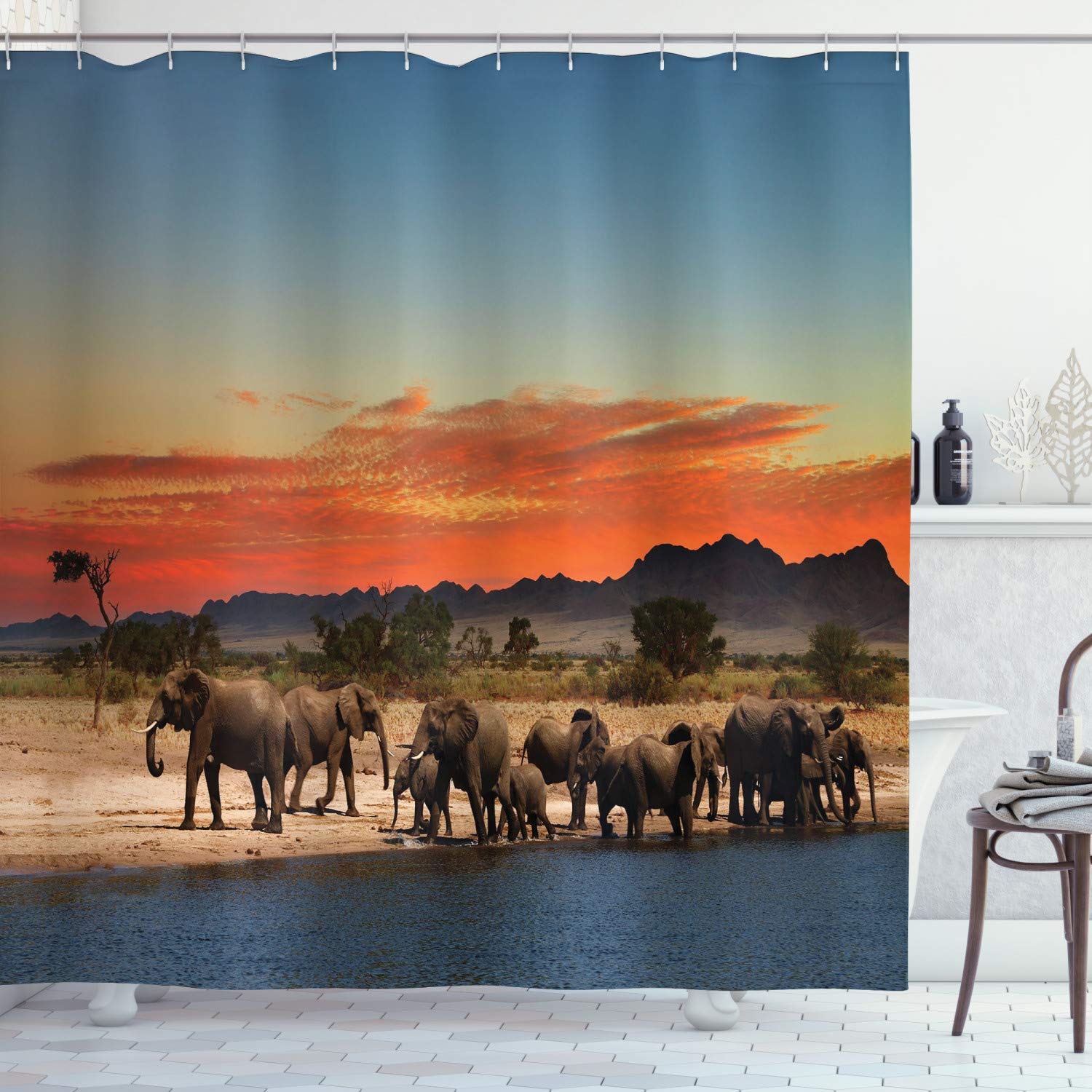 ABAKUHAUS Safari Shower Curtain, Herd of Elephants Watering in Wilderness at Sunset Image Print, Cloth Fabric Bathroom Decor Set with Hooks, 78 Inches, Pale Blue Orange Brown