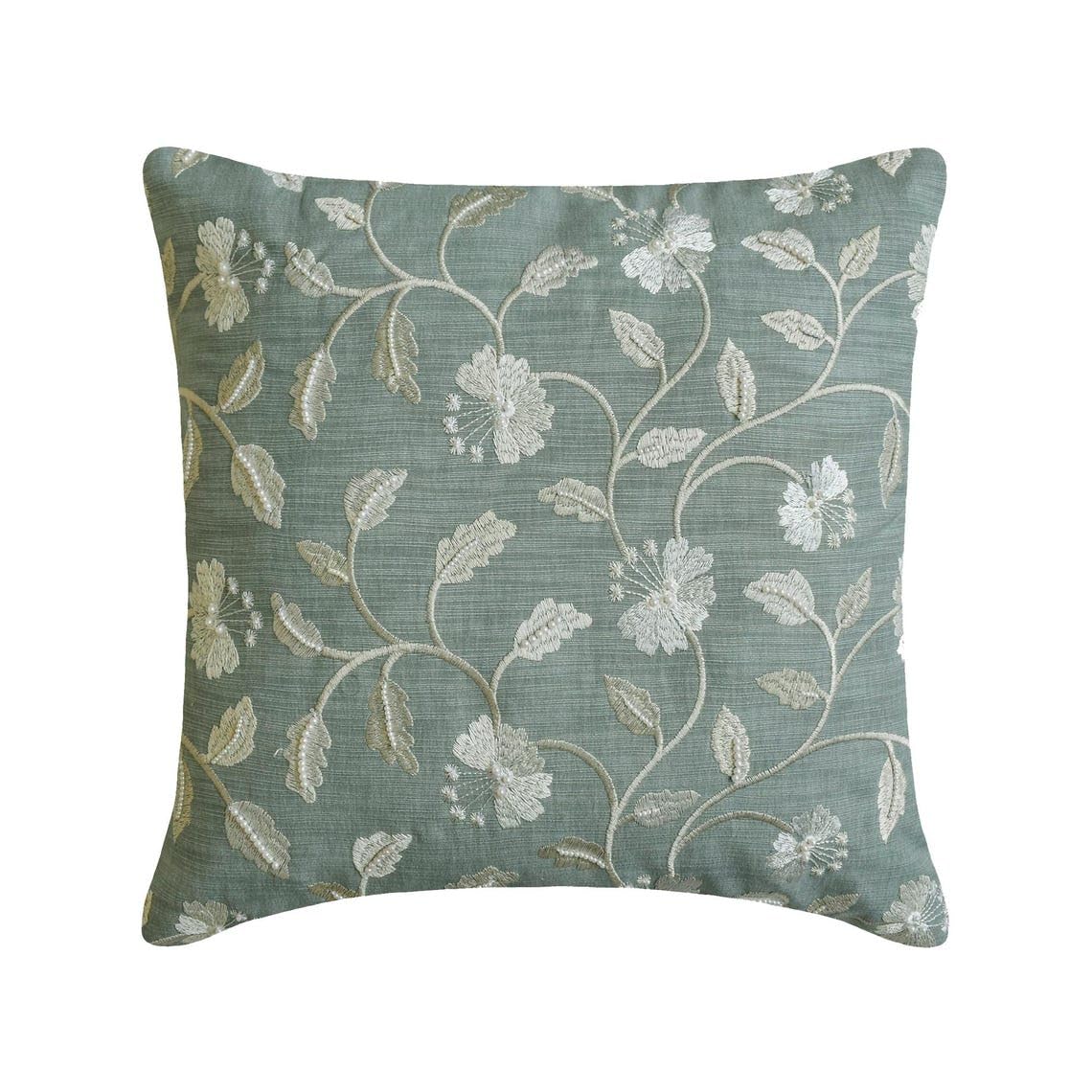 The HomeCentric Designer Toss Cushion Cover Blue & Gray 35x35 cm (14"x14") Cotton Linen Floral, Embroidery, Pearl, Handmade Pillows Cover For Hotels, living, Bed Room, Floral Contemporary - Fiorella — image 1