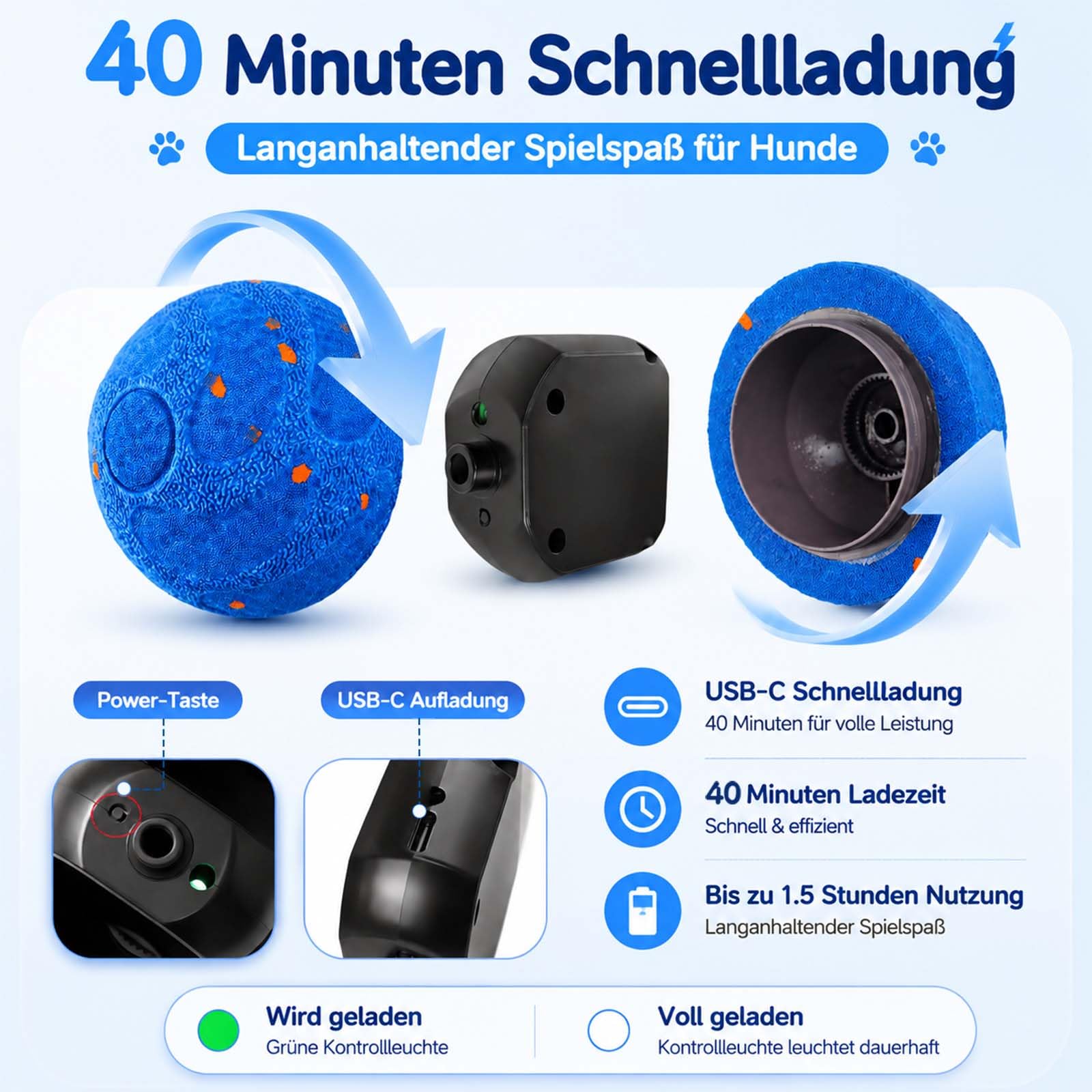 Interaktives Hundespielzeug Hundeball, Intelligenter Selbstbewegender Spielball für Hunde, Wiederaufladbar, Robuster & Beißfester Hundeball, 3 Modi, Perfekte Geschenkidee für aktive Hunde