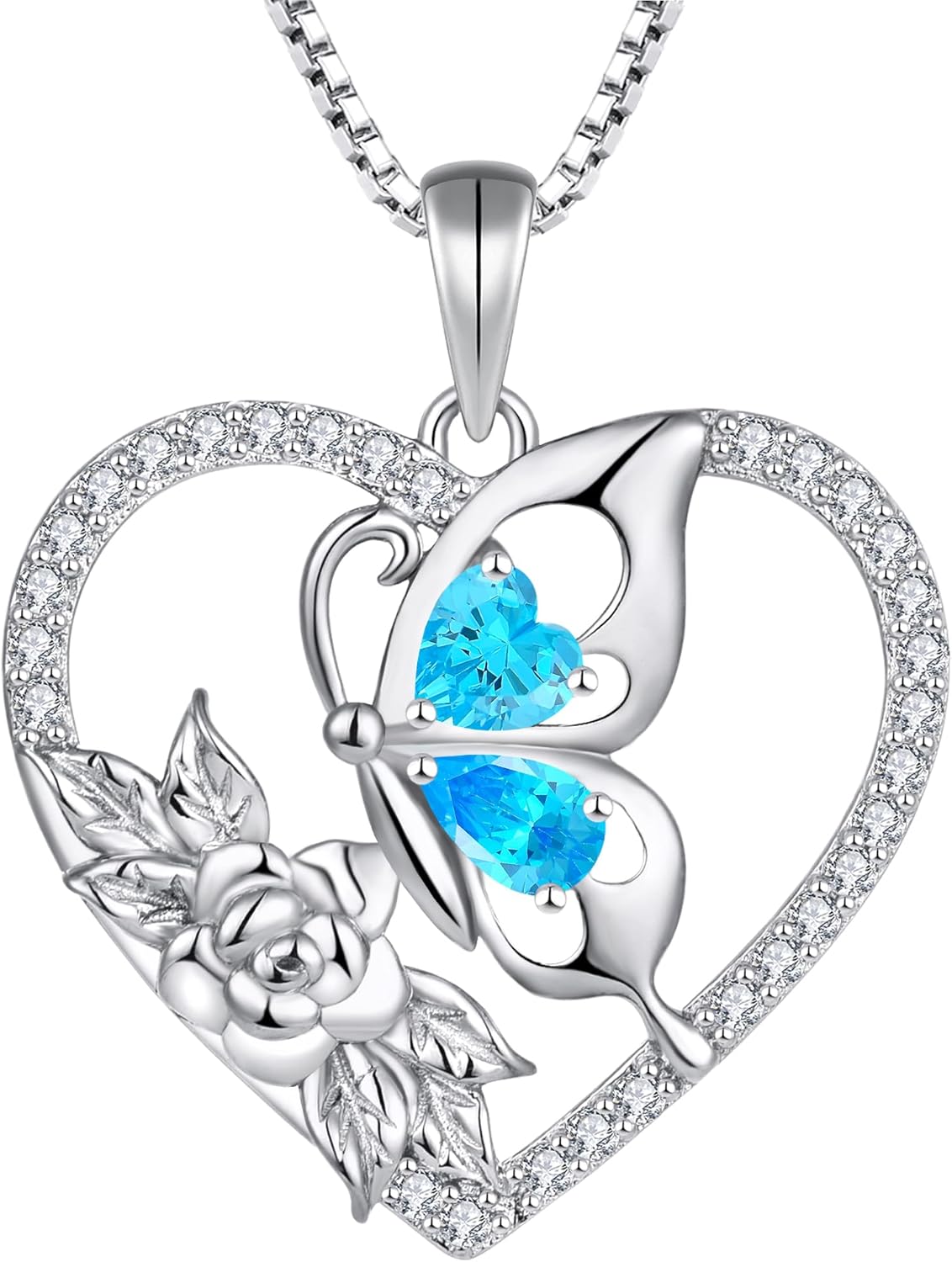 YL Women's Butterfly Necklace 925 Sterling Silver Flower Rose Pendant Birthstone Halo Jewelry