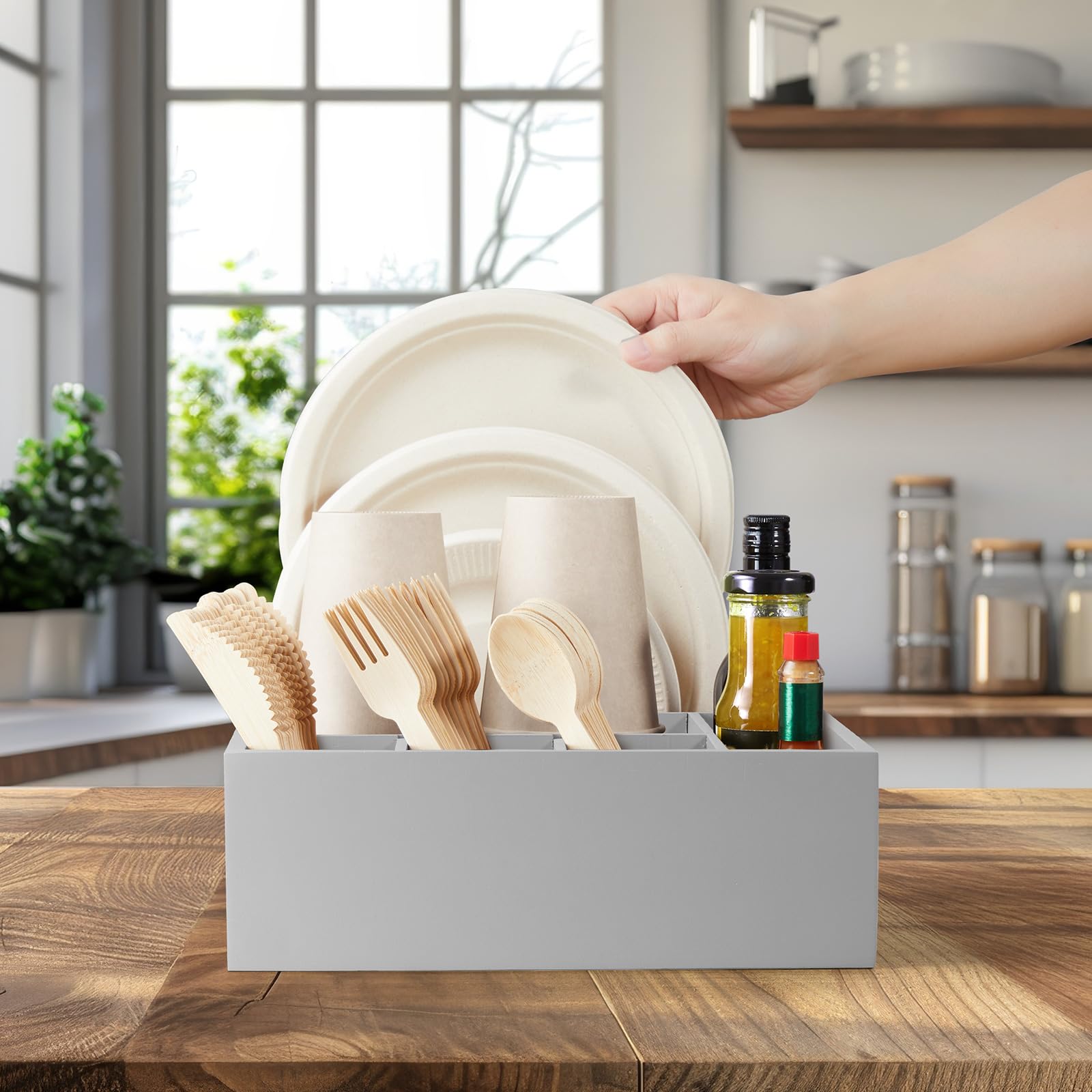 Soporte para utensilios de madera gris para fiestas, organizador de platos de papel para encimera, organizador de cubiertos con 6 compartimentos para platos, tazas, tenedores, cucharas