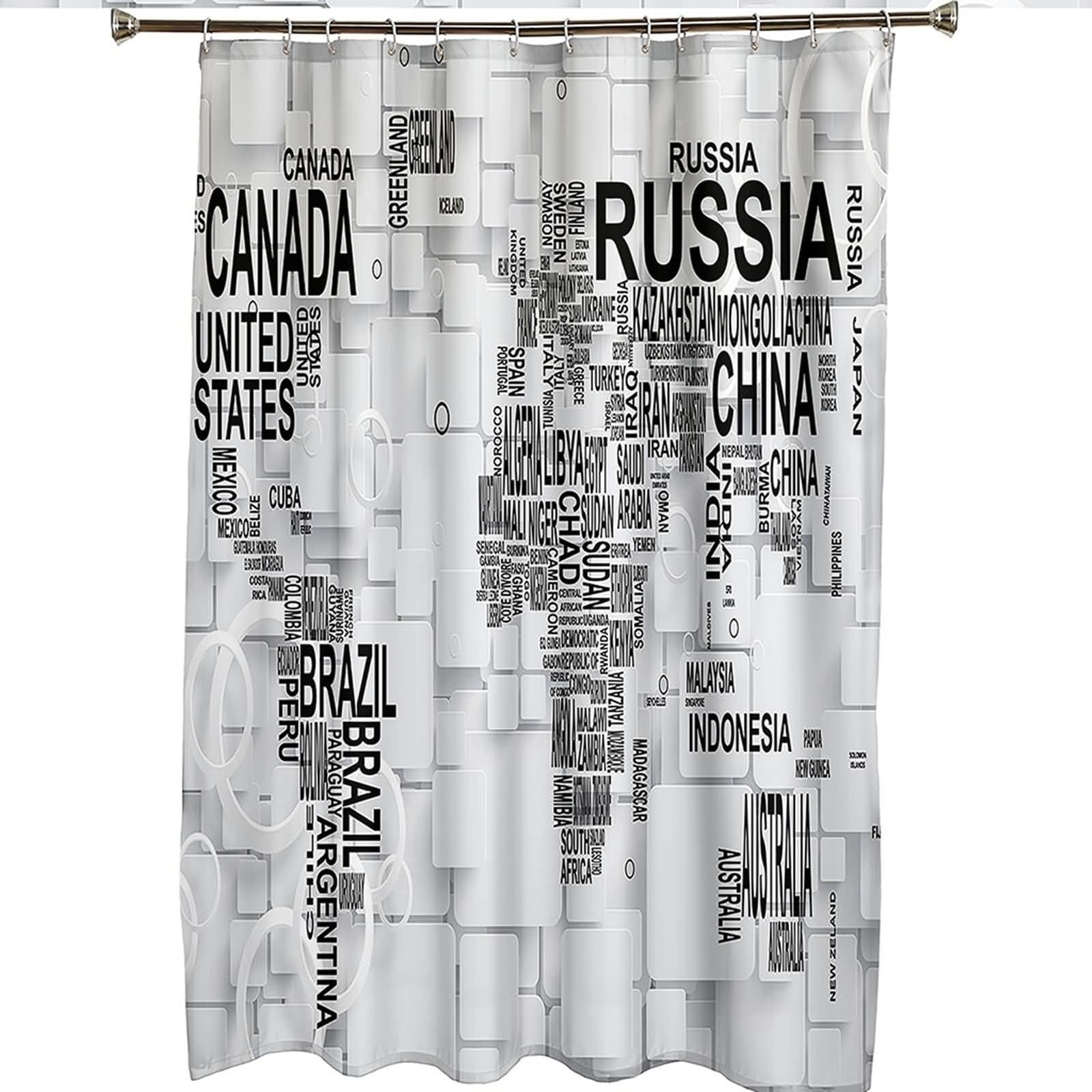 Cortina de ducha divertida, resistente al moho, geometría con nombre de país, poliéster blanco y negro, 66 x 80 pulgadas