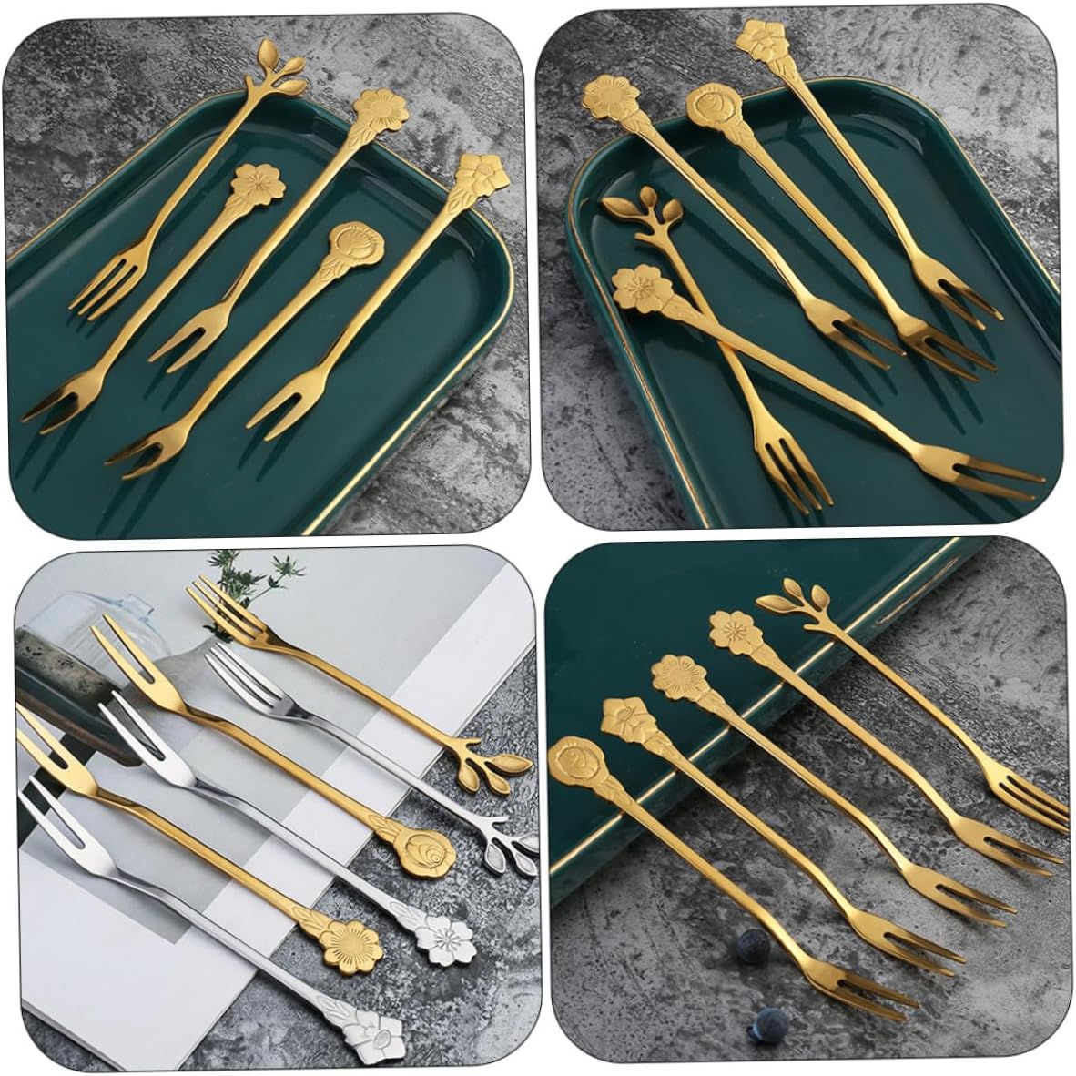 10pcs Titanium Coated Fruit Forks Set Decorative Two-prong Dessert and Cake Forks for Home and Entertaining