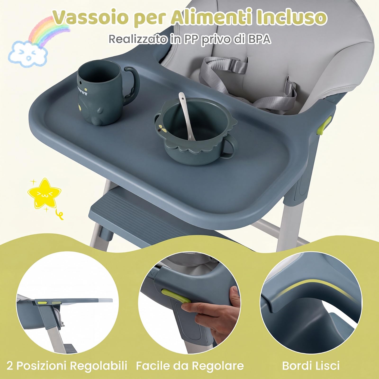 COSTWAY Seggiolone Pappa in PP, Seggiolone Alto per Bambini con Vassoio e Cuscino Rimovibili, Cintura di Sicurezza, Barriera Anticaduta e Poggiapiedi per Neonati 6-36 Mesi
