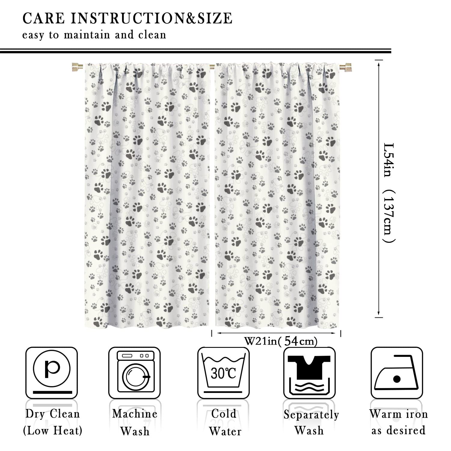 INSFBRB Abstract Dog Paw Prints Rod Pocket Blackout Curtains - Cartoon Cute Black Dog Paw Window Curtain Set Energy Saving Thermal Insulated Drapes for Living Room 2 Panels 54L x 21W
