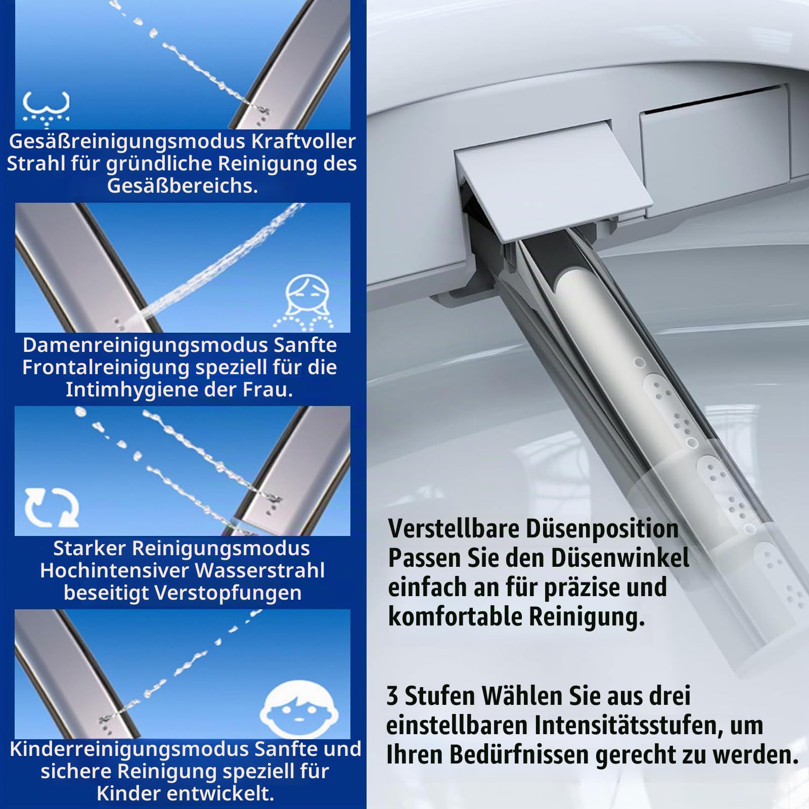 Smart Beheizter Toilettensitz mit Düse, Japanische WC Bidet mit Warmwasser & Trockner, UV-Desinfektion | 4 Reinigungsmodi, Einstellbarer Wasserdruck mit selbstreinigenden Düsen & Nachtlicht
