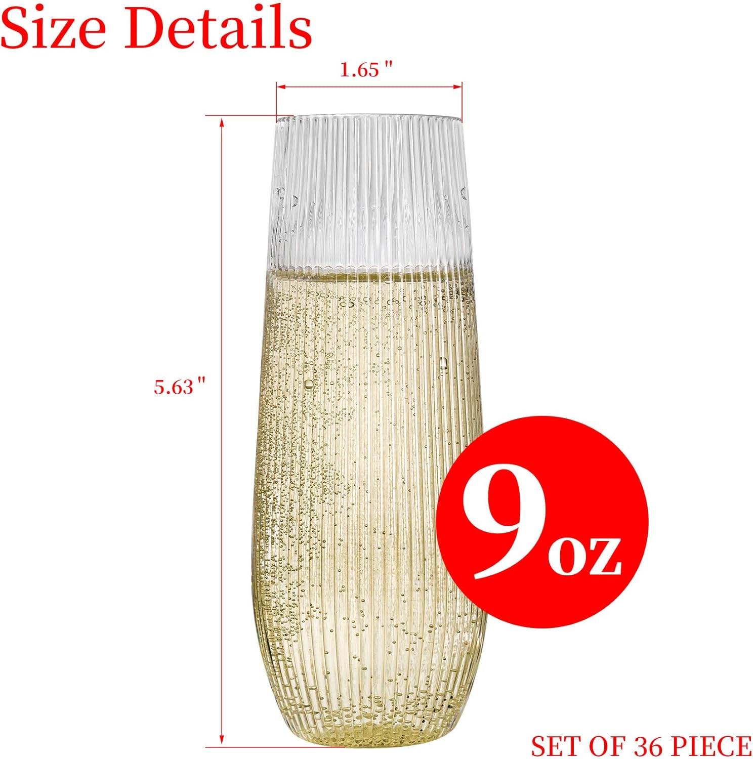 HOMIP 36pcs Clear Plastic Champagne Flutes - 9oz Disposable Champagne Flutes Stemless Toasting Glasses, Ribbed Ripple Design (BPA-Free) for Weddings, Bars & Events - Disposable Party Cups - Image 2