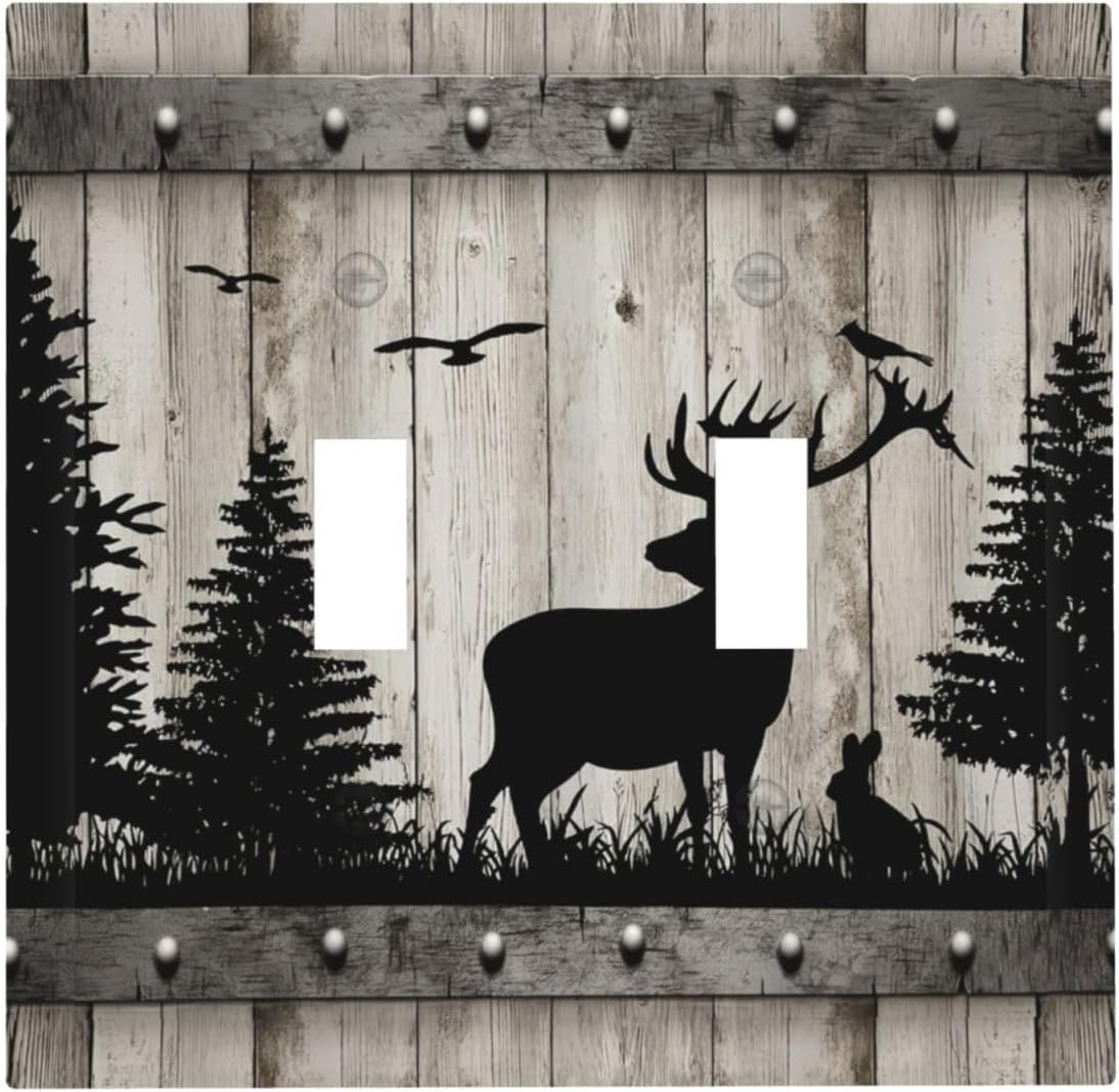 Farmhouse Rustic Grey Deer Pine Tree Double Toggle Light Switch Wall