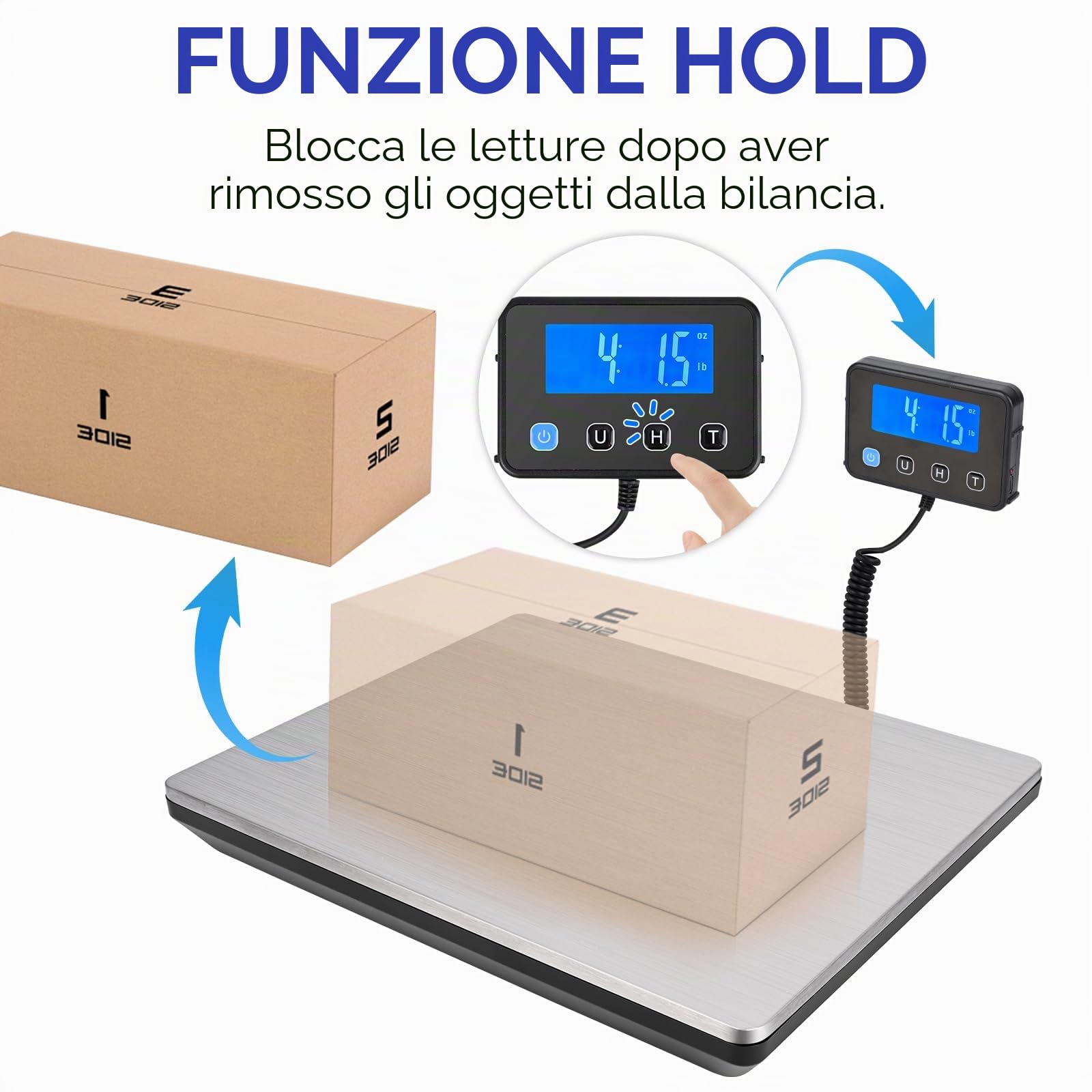 Bilancia Pesa Pacchi, 50g-200kg Bilancia Postale, Bilancia Digitale con Hold e Funzione Tara per Affari Bagagli Ufficio, Piattaforma in Acciaio Inossidabile, Display LCD Esterno
