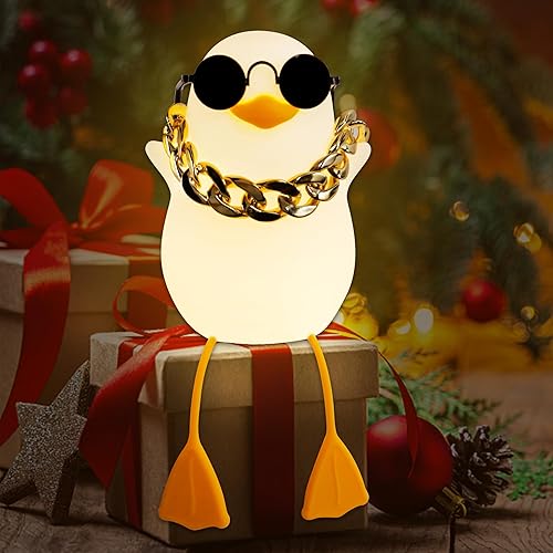 Luz de pato, juguetes geniales de pato para niños con gafas de sol y un collar dorado grande, color cálido, atenuación y temporizador para