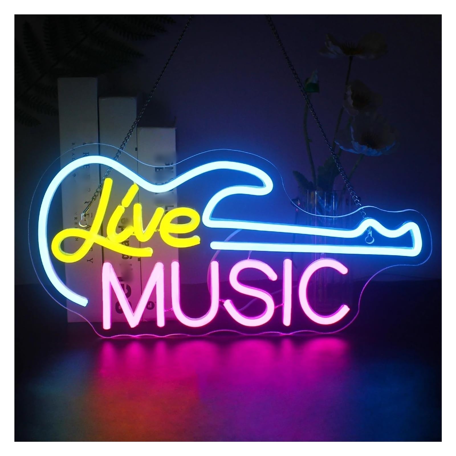 Wiszące neony artystyczne Neon "Live Music"Gitara Muzyka Dekoracja Ścienna Lampy Do Pokoju Bar Studio Impreza Klub Dekoracyjny 20.5x42cm