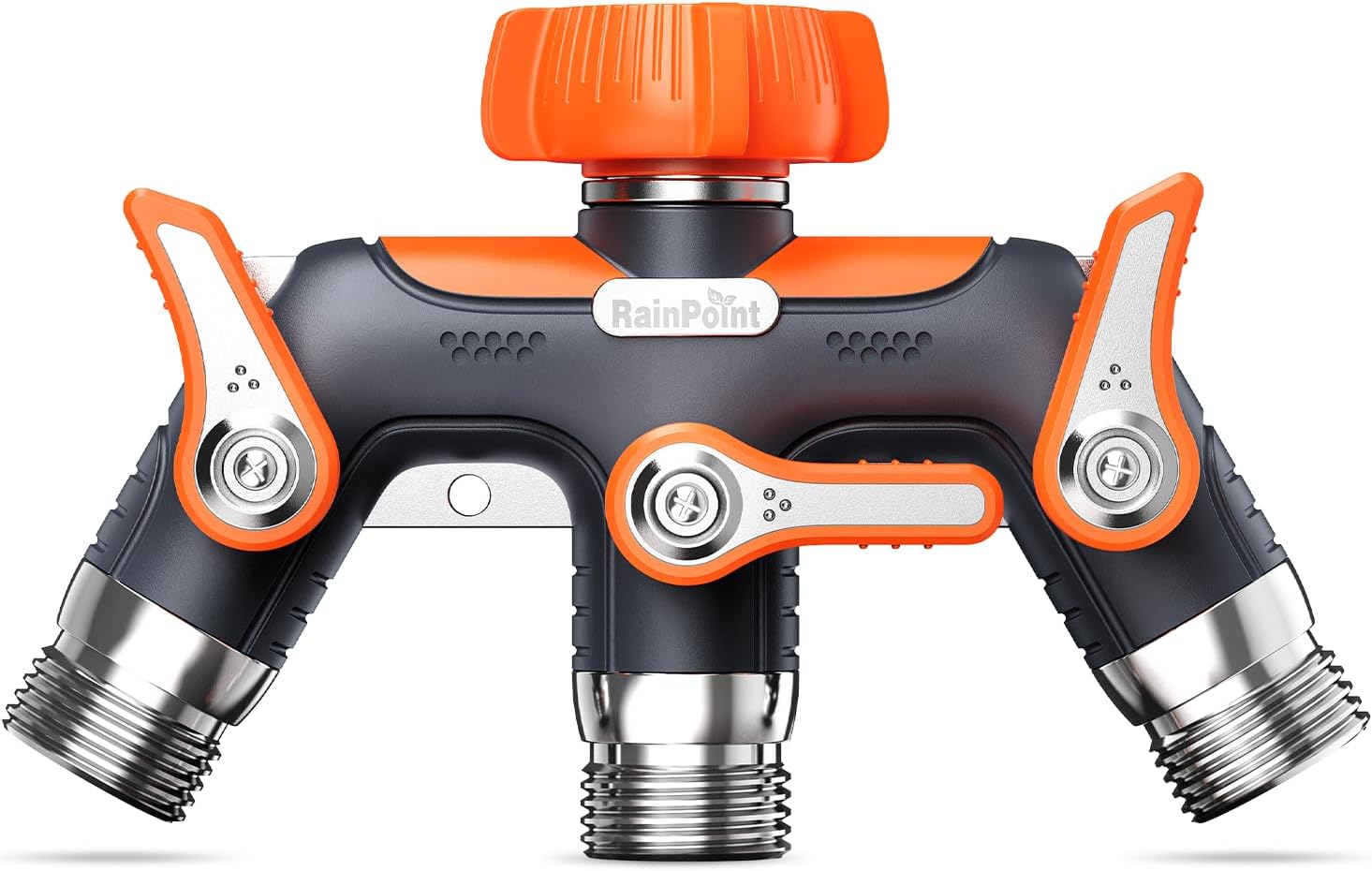 RAINPOINT 3 Way Hose Splitter, 100% Metal Heavy Duty Garden Hose Splitter With 1.9" Extra Long Handle & Individual Shut Off, 3/4 Inch GHT Thread Water Hose Connector For Spigot Faucet (Orange)