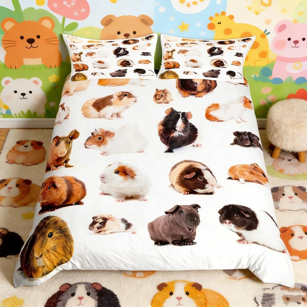 Loussiesd Girls Multicoloured 23 Guinea Pig Duvet Cover Cute Pet Print Bedding For Boys Children Lovey Guinea Pig Comforter Cover 3D Animal Theme Room Decor Bedspread Cover King 3Pcs Bedclothes