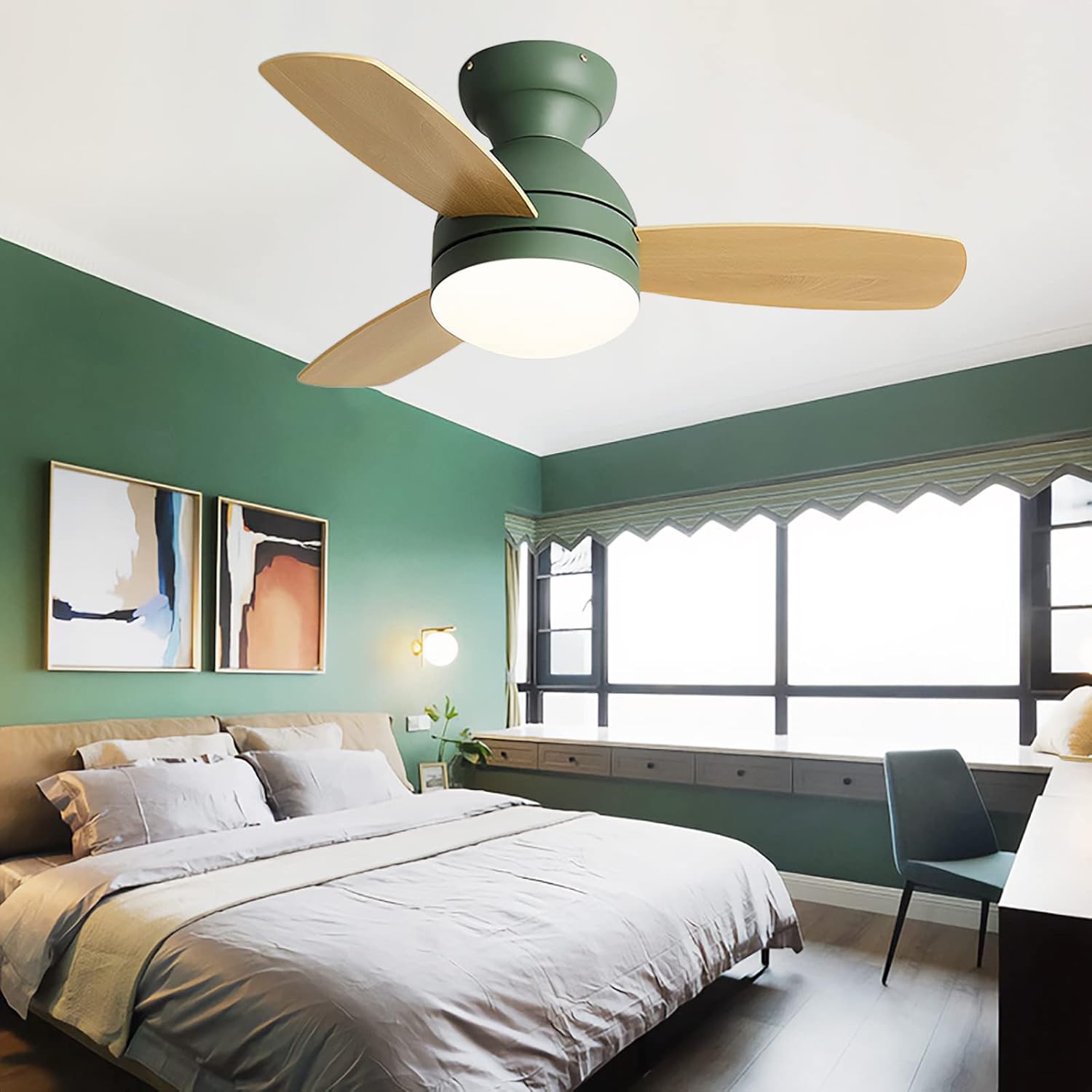 YUEGOO Ceiling Fans with Lamps,Remote Control Dimmable 3 Blade Ceiling Fan with Led Lamp Reversible 6 Speed Timer Big Ceiling Fan Chandelier for Dining Room Living Room/Green/90Cm