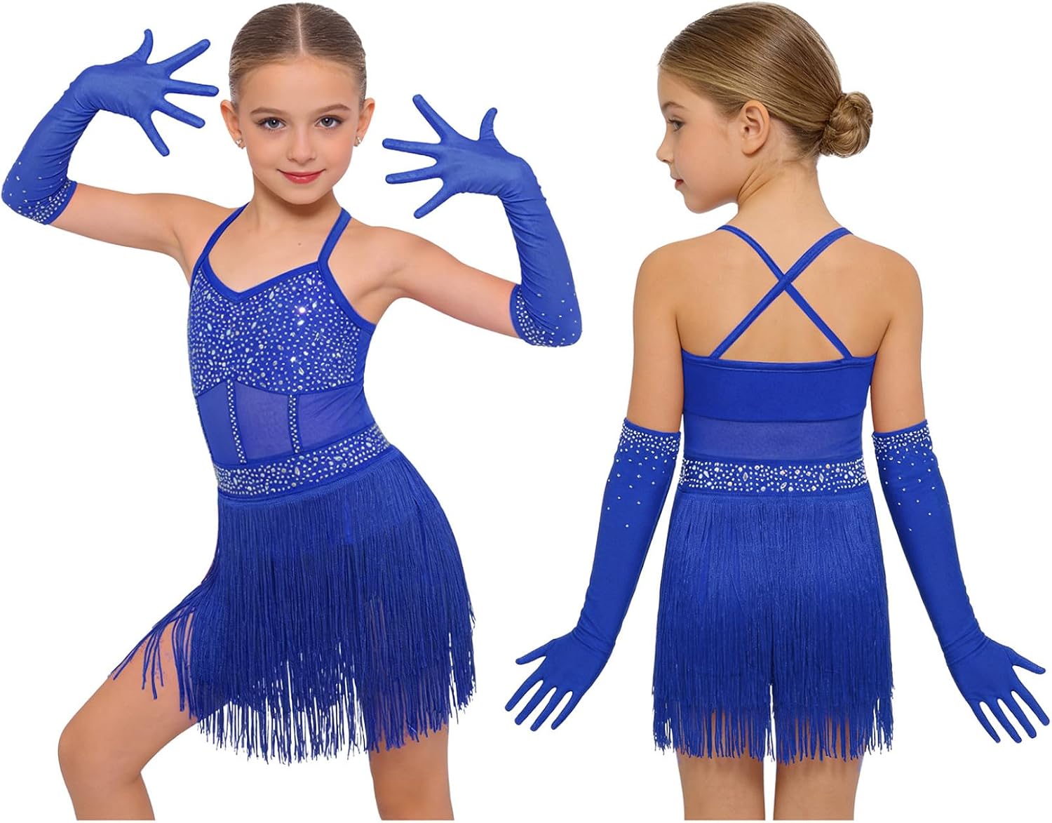 Girls Sparkly Latin Dance Dress with Gloves Shiny Rhinestone Tassels Dress Jazz Cha Cha Tango Dance Outfits