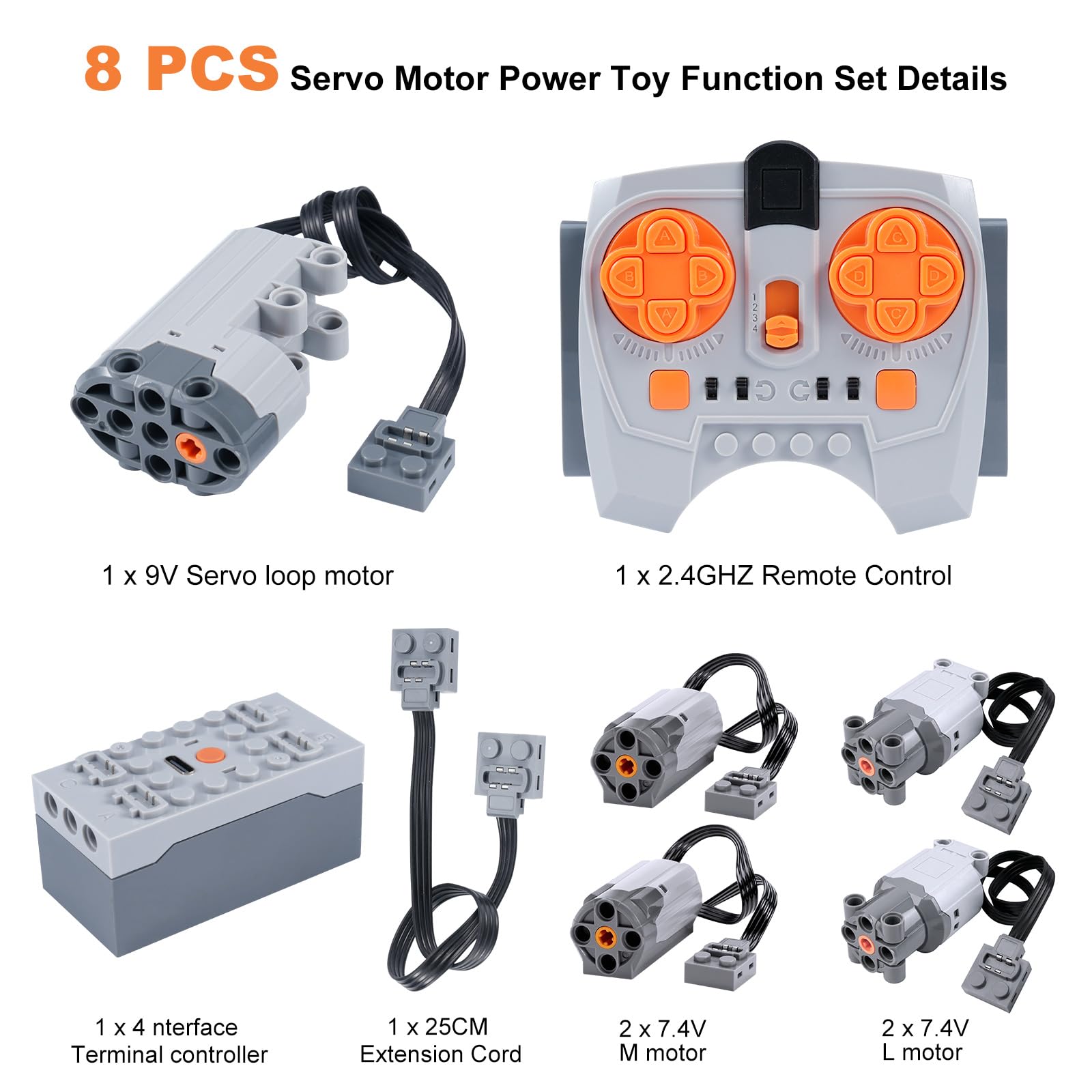 8 pièces de moteurs électriques Kit,Power Functions Kit pour Jouets avec Servomoteur, Télécommande 2,4 GHz, Boîtier de Piles, Moteurs M/L, Câble d’Extension