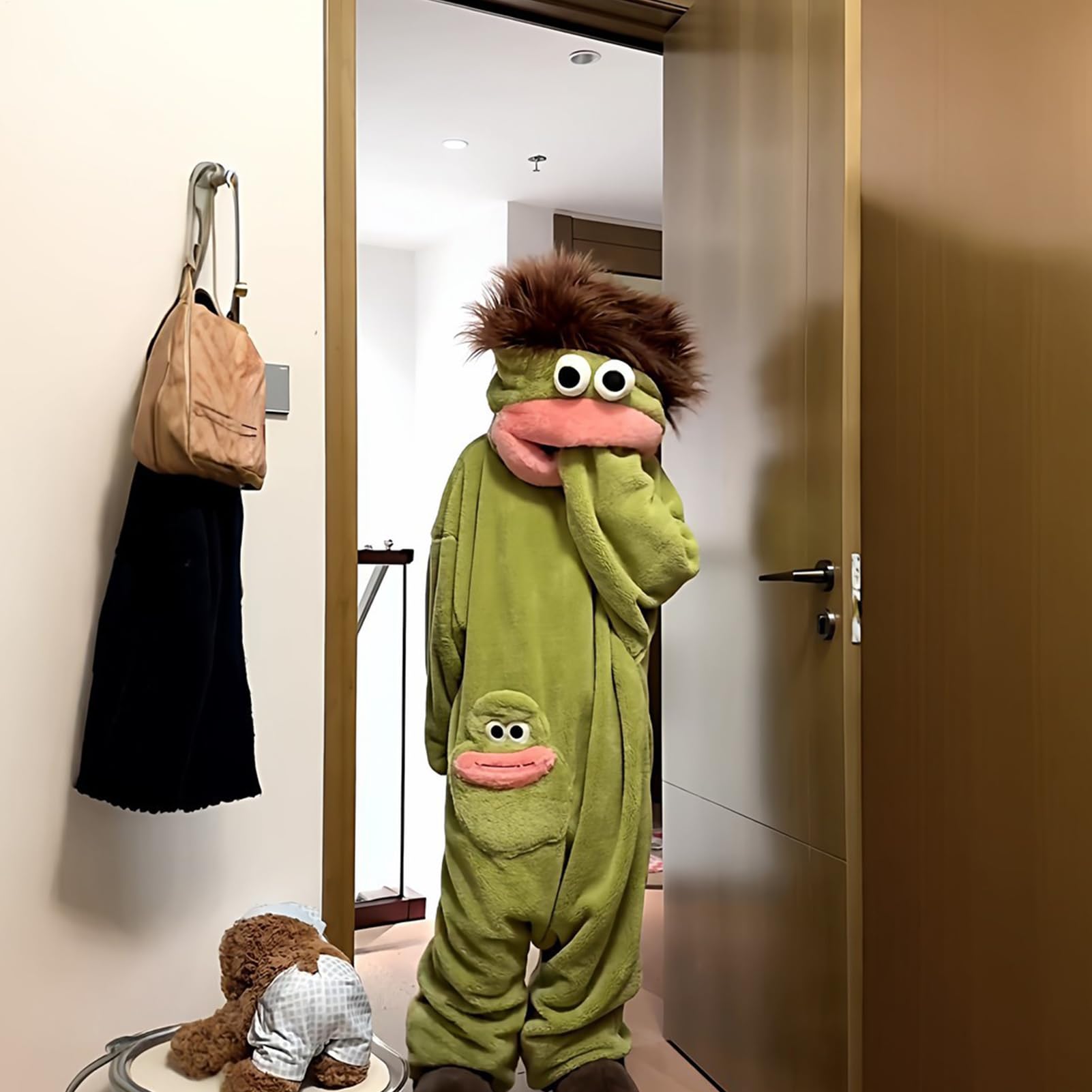 Generisch Divertente costume intero per adulti – Verde morbido grande bocca | Tuta in pile oversize morbida e morbida – per uomo e donna, casa, soggiorno, bagno,
