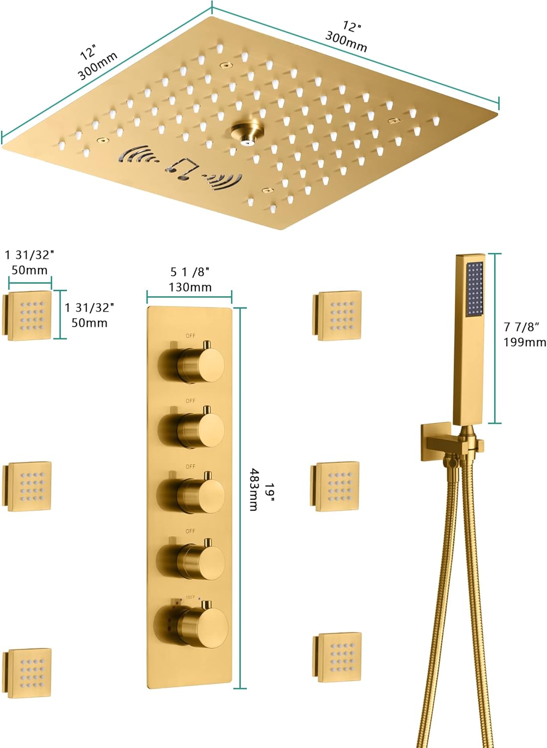 Cascada Luxury 12” Music LED shower system with built-in Bluetooth Speakers, 4 functions (Rainfall, Misty, Body jets & HandShower) & Remote Control 64 Color Lights (Polished Stainless Steel)