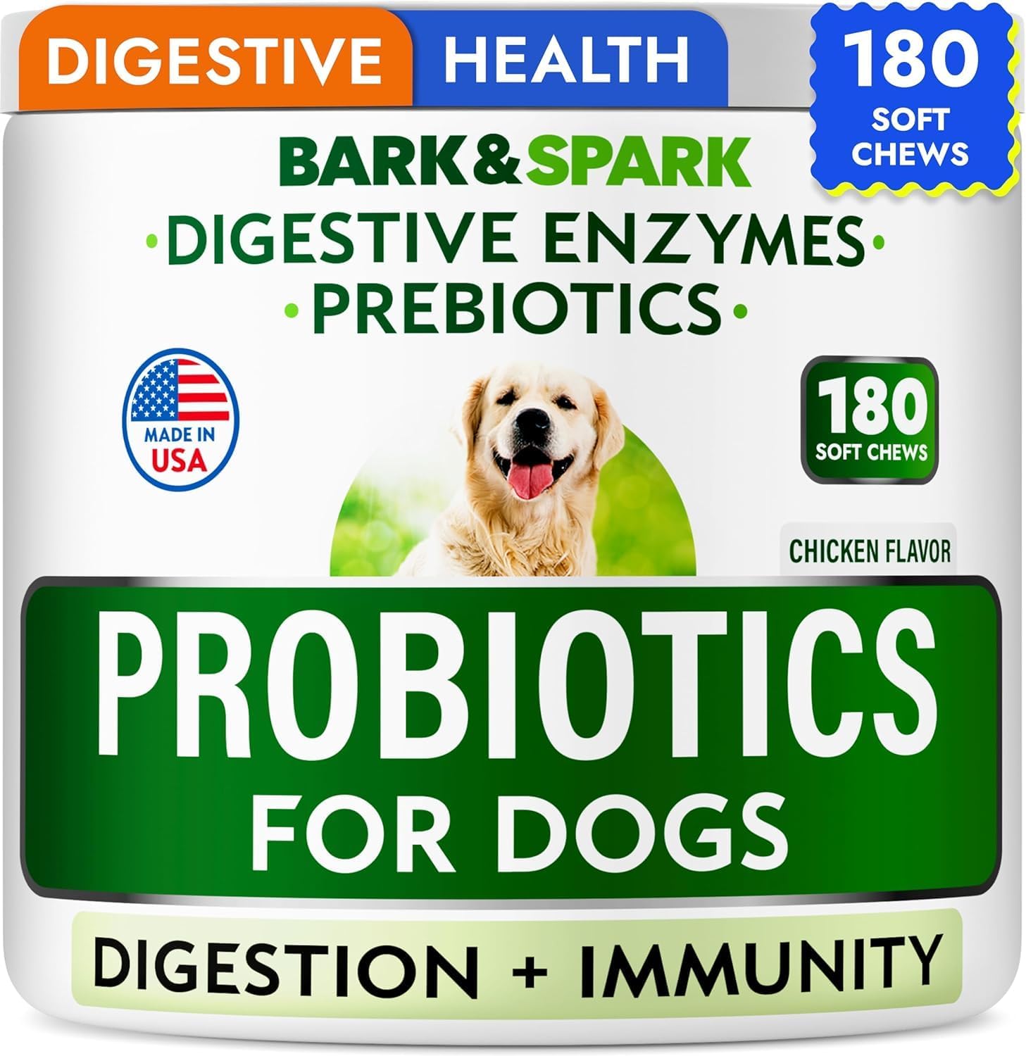 Bark&Spark Dog Probiotics & Digestive Enzymes (Gut Health) Allergy & Itchy Skin – Pet Diarrhea Gas Treatment Upset Stomach Relief, Digestion Health Prebiotic Supplement Tummy Treat (180Ct Chicken)