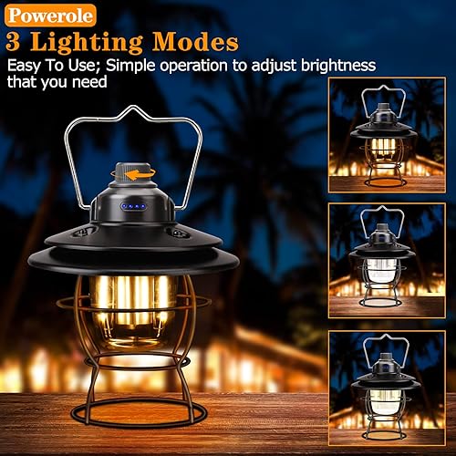 Miniatura 2 de Linterna LED vintage de camping, lámpara de camping recargable con 3 modos de luz, linterna de ferrocarril retro portátil para exteriores, luces de