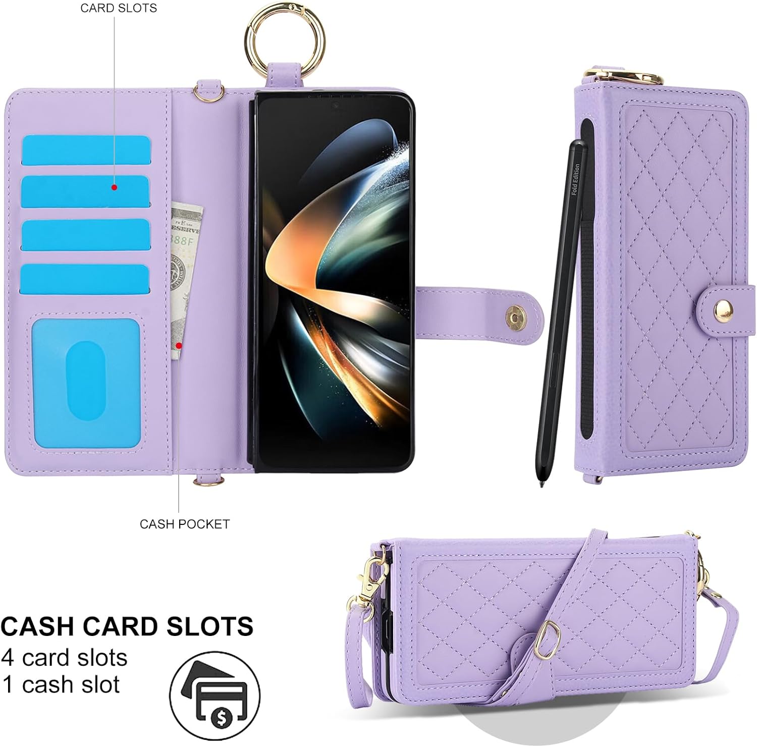 Asuwish Phone Case for Samsung Galaxy Z Fold 4 5G 2022 Wallet Cover with S Pen Holder & Crossbody Lanyard Strap Credit Card Slot RFID Blocking ZFold4 Z4 Fold4 4Z ZFold45G Women Men Girls Purple
