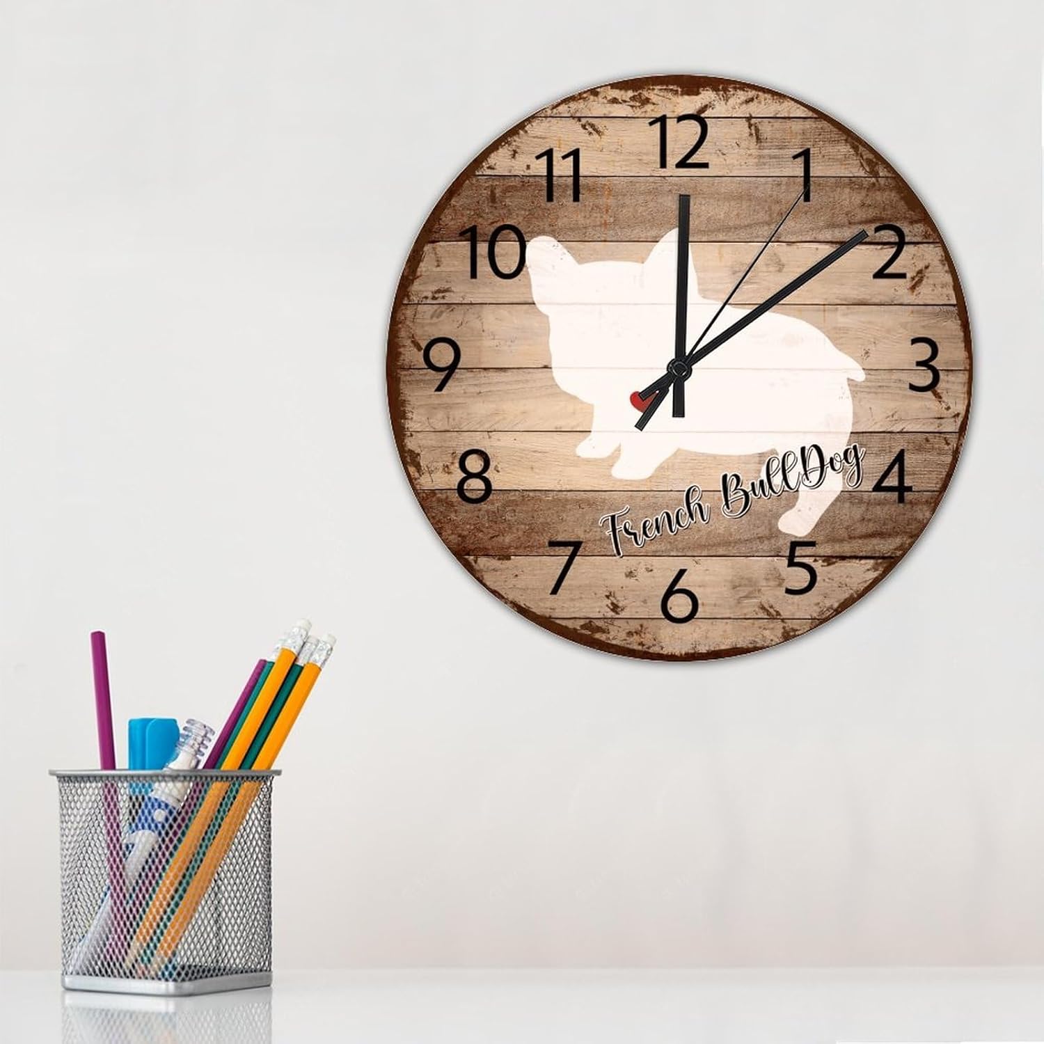 Wooden Wall Clock Non-Ticking Quartz Battery Operated French Bulldog Retro Wall Clocks Animal Silhouette Puppy Dog Shaped Wall Decor for New Home School Porch 15 Inch