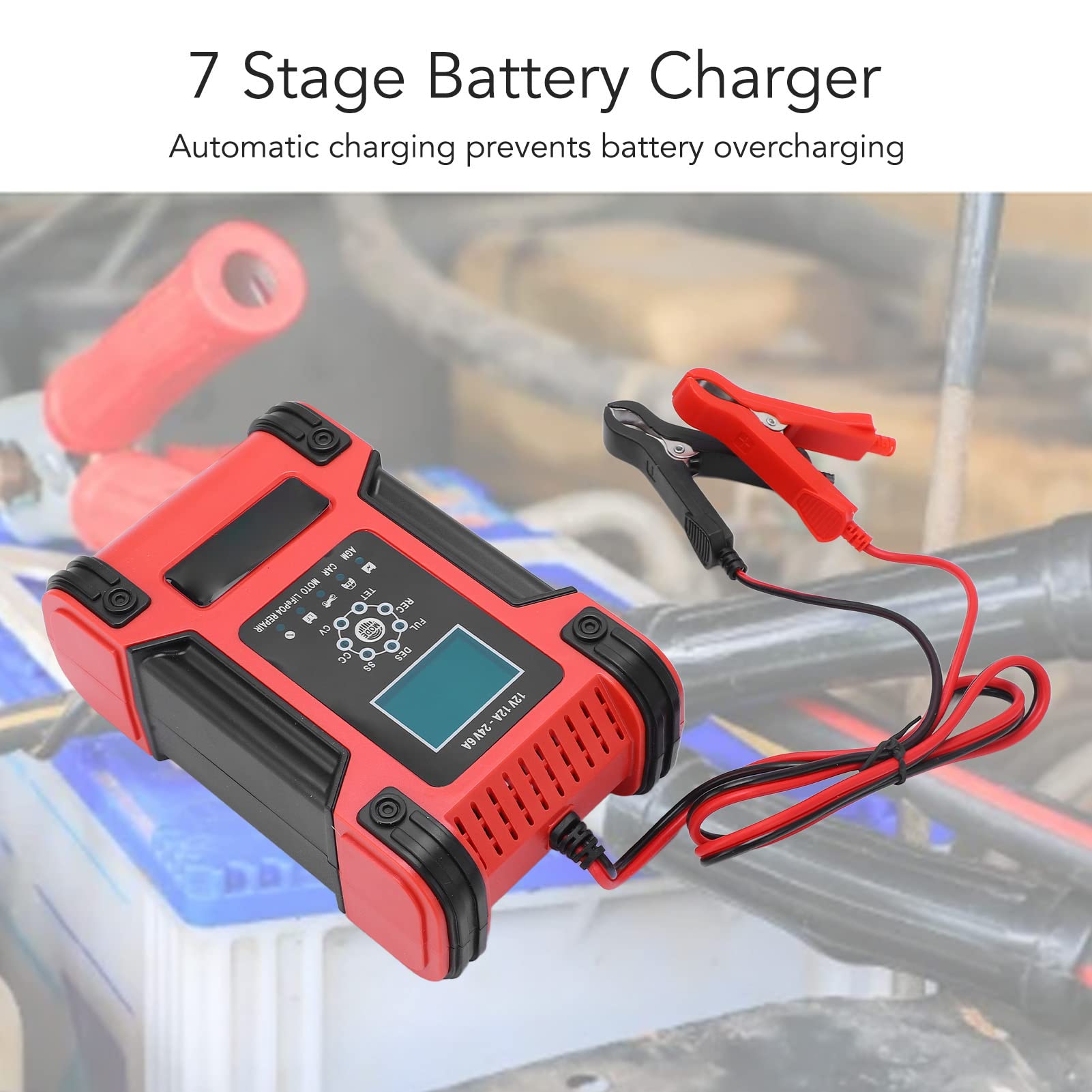 Caricabatteria a 7 Stadi, Protezione polarità Multifunzionale CA 100-240 V Raffreddamento della Ventola Manutentore Automatico della Batteria per Batteria Al Litio Ferro Fosfato