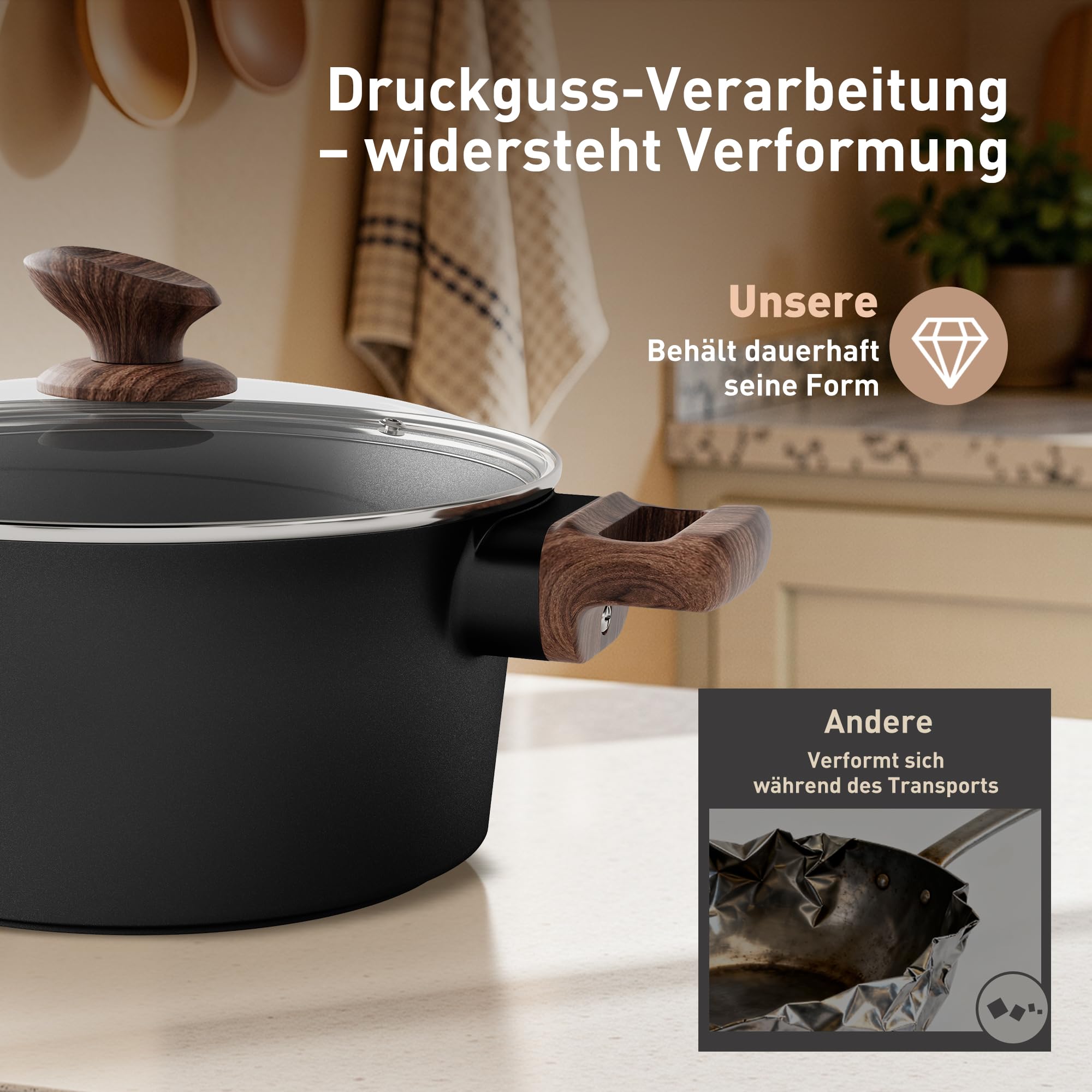 Kitchen Academy Antihaft Topfset Induktion mit Glasdeckel Schwarz 10tlg