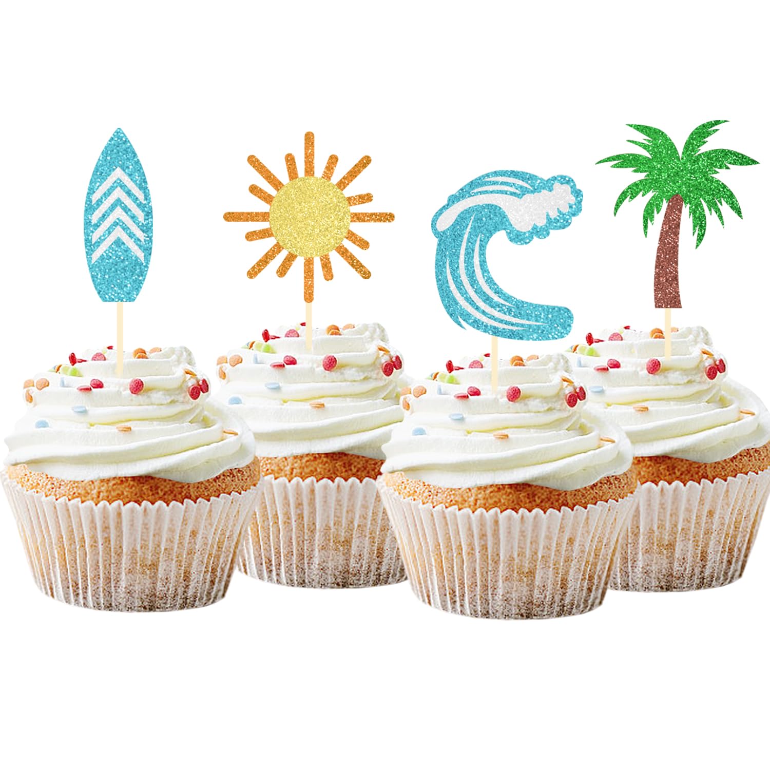 24 Pack Surfing Cupcake Toppers Glitter Summer Theme Surfboard Beach Cake Decorations Picks for Summer Beach Party Birthday Party Supplies (Surfing)
