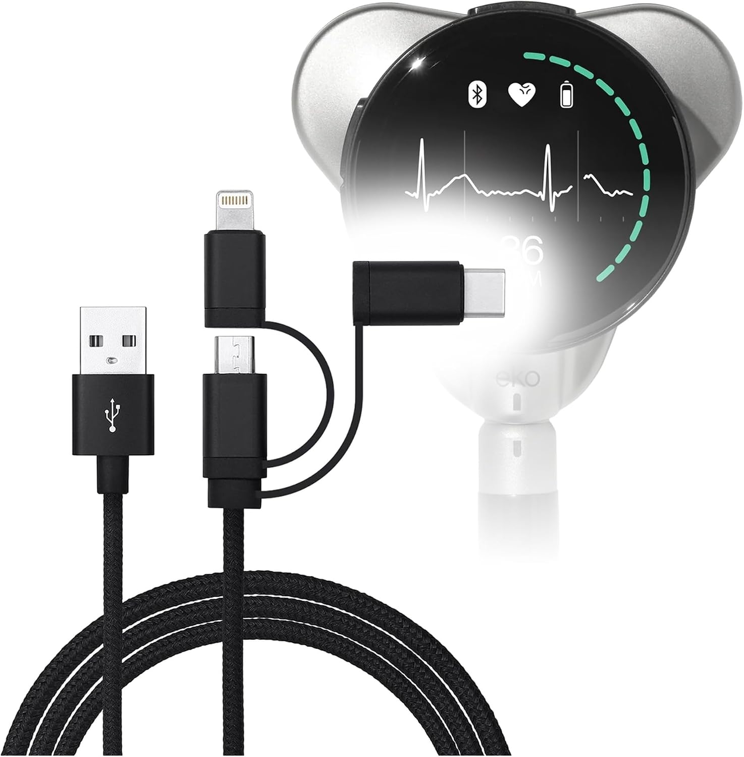 BoxWave Cable Compatible with EKO CORE 500 - AllCharge 3-in-1 Cable - Jet Black