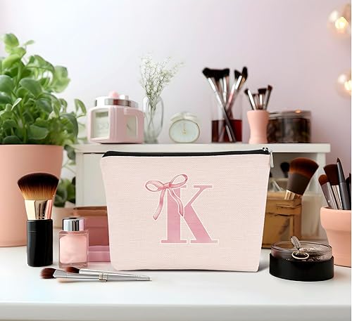 Miniatura 2 de Bolsas de cosméticos con monograma inicial para mujer, bolsa de maquillaje femenina con lazo rosa, rosa, (PinkK)
